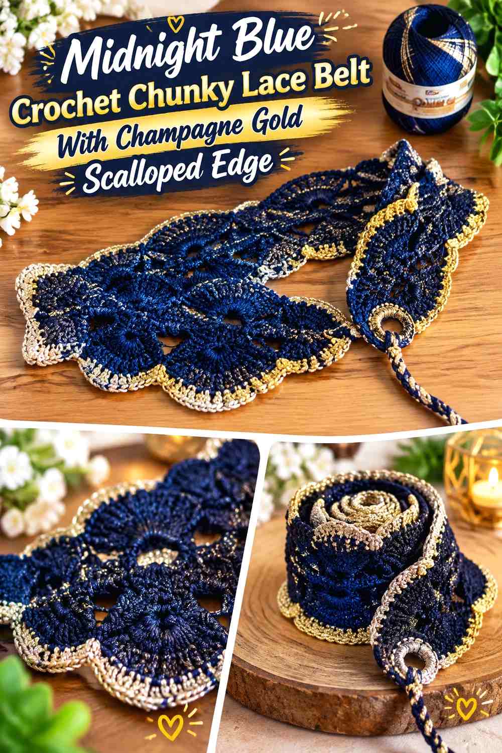Midnight Blue Crochet Chunky Lace Belt With Champagne Gold Scalloped Edge