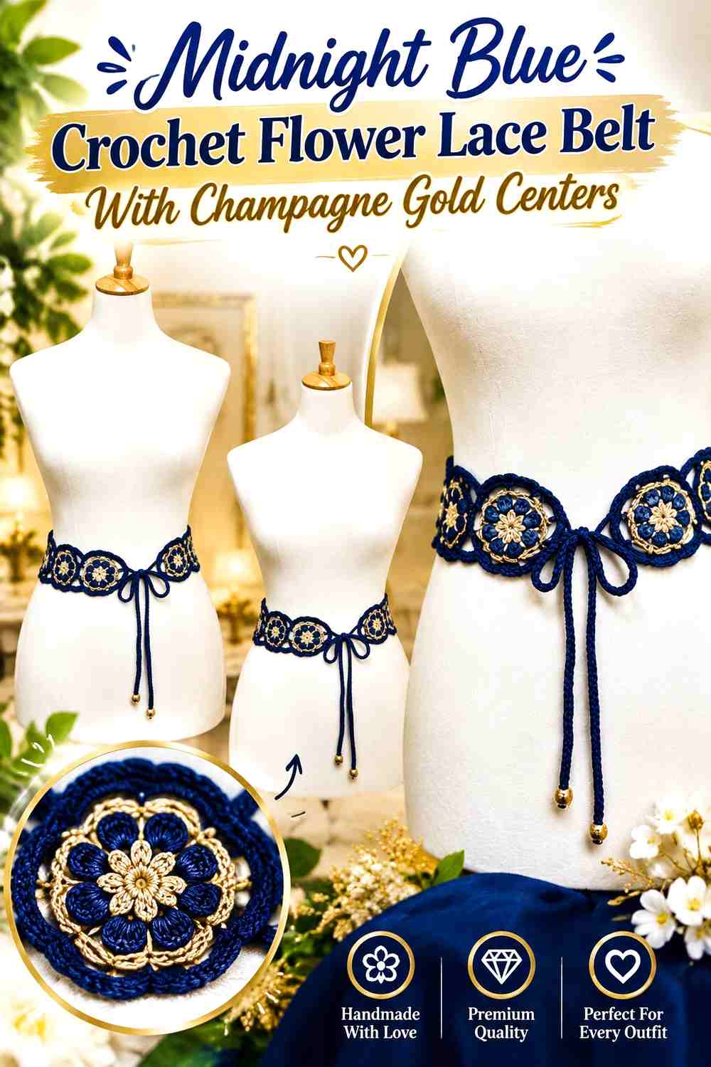 Midnight Blue Crochet Flower Lace Belt With Champagne Gold Centers