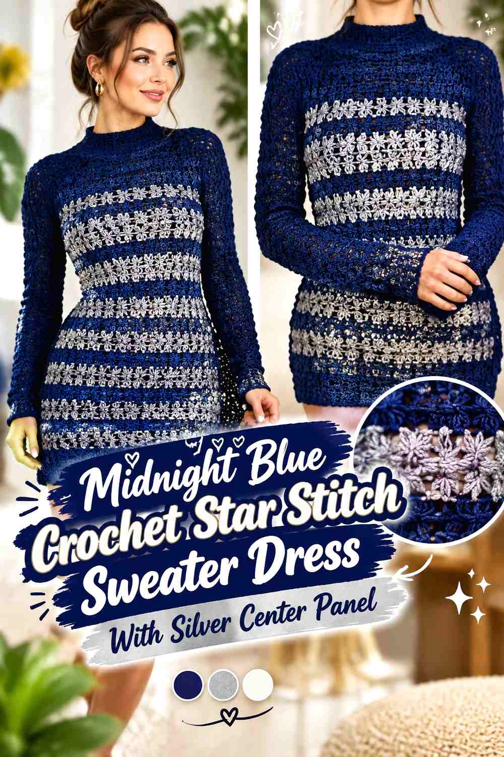 Midnight Blue Crochet Star Stitch Sweater Dress With Silver Center Panel