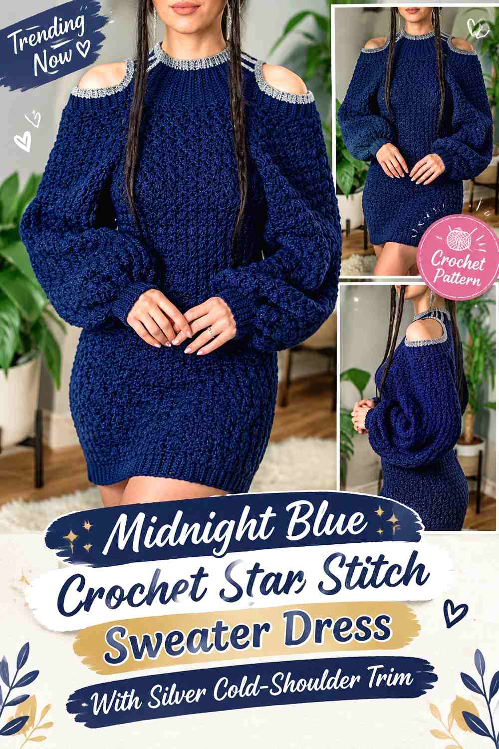 Midnight Blue Crochet Star Stitch Sweater Dress With Silver Cold-Shoulder Trim