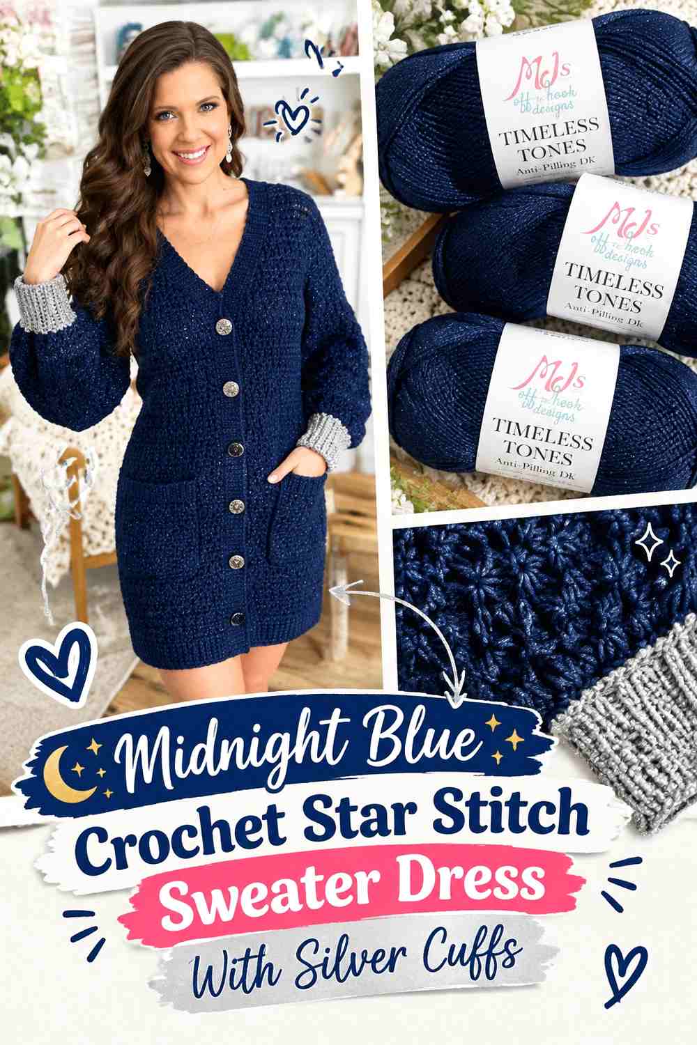 Midnight Blue Crochet Star Stitch Sweater Dress With Silver Cuffs