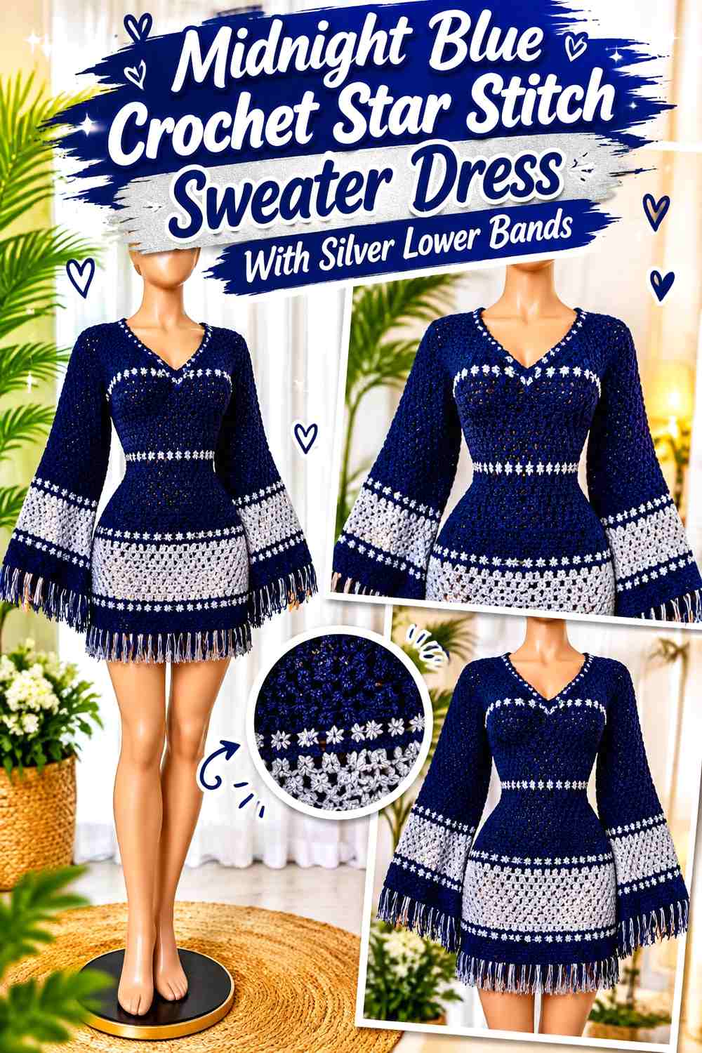 Midnight Blue Crochet Star Stitch Sweater Dress With Silver Lower Bands