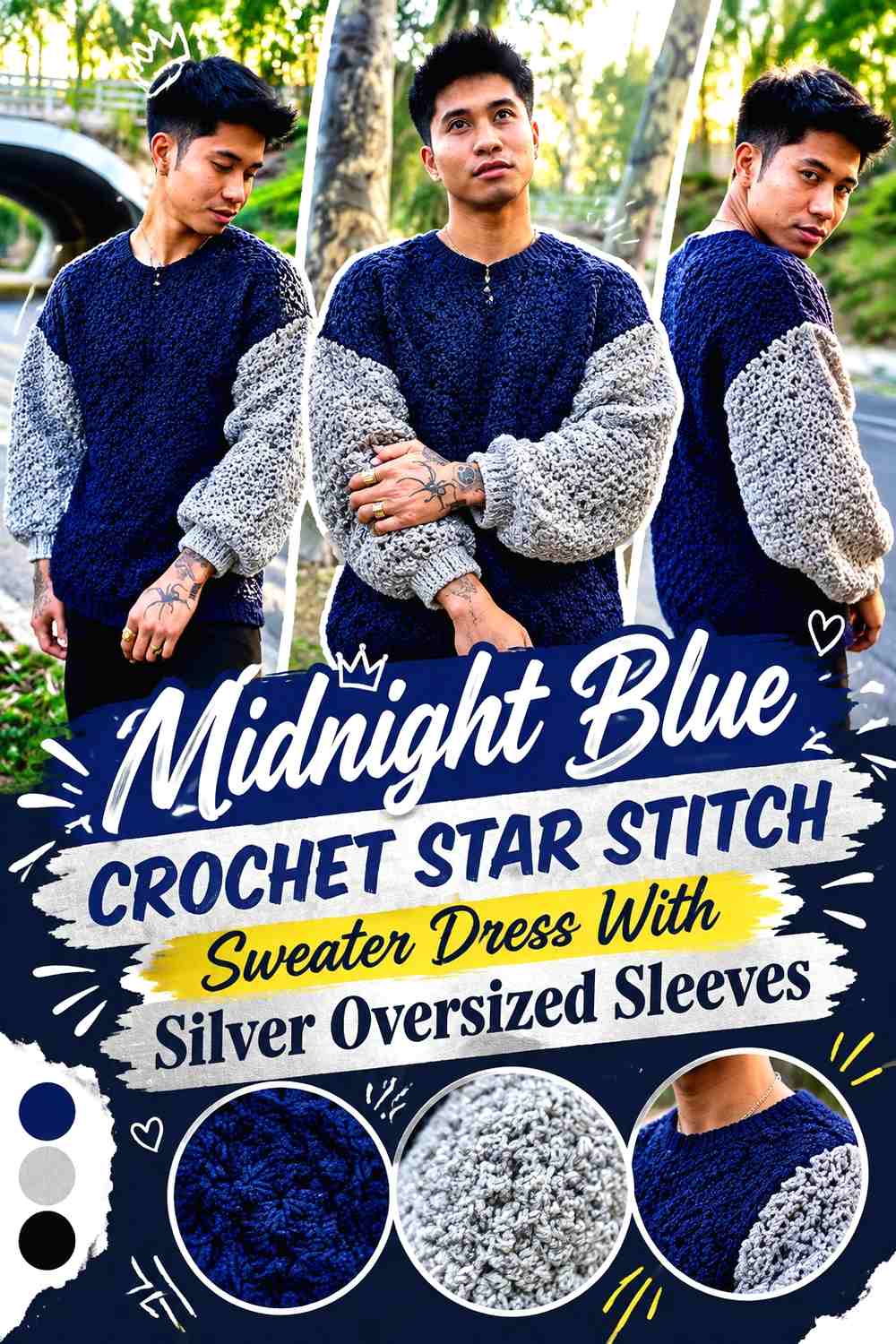 Midnight Blue Crochet Star Stitch Sweater Dress With Silver Oversized Sleeves