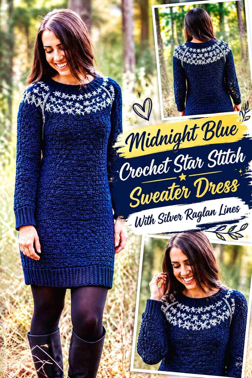 Midnight Blue Crochet Star Stitch Sweater Dress With Silver Raglan Lines