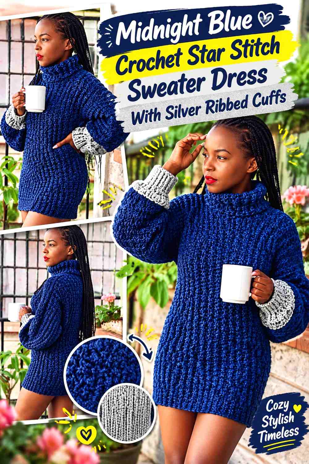 Midnight Blue Crochet Star Stitch Sweater Dress With Silver Ribbed Cuffs