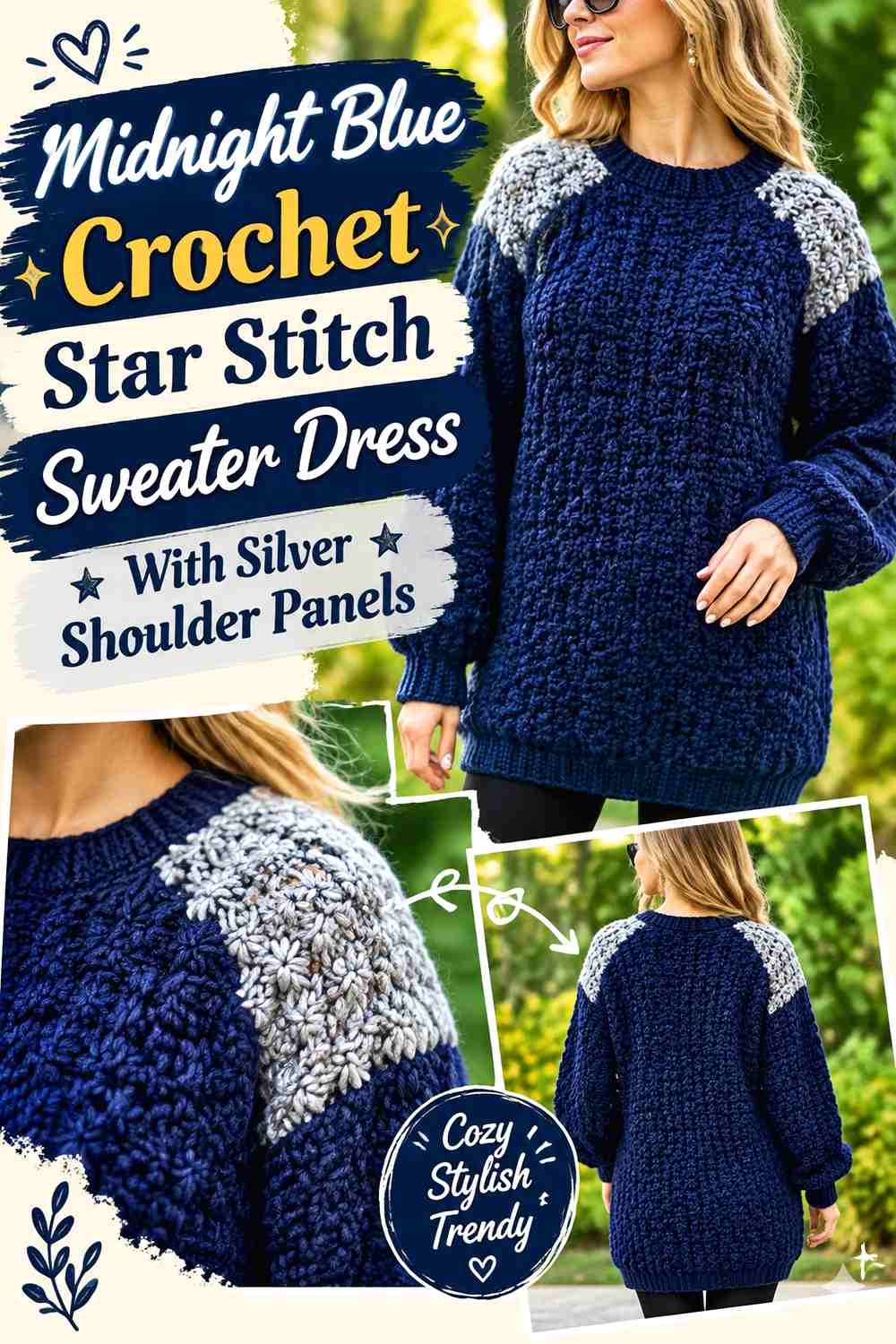 Midnight Blue Crochet Star Stitch Sweater Dress With Silver Shoulder Panels