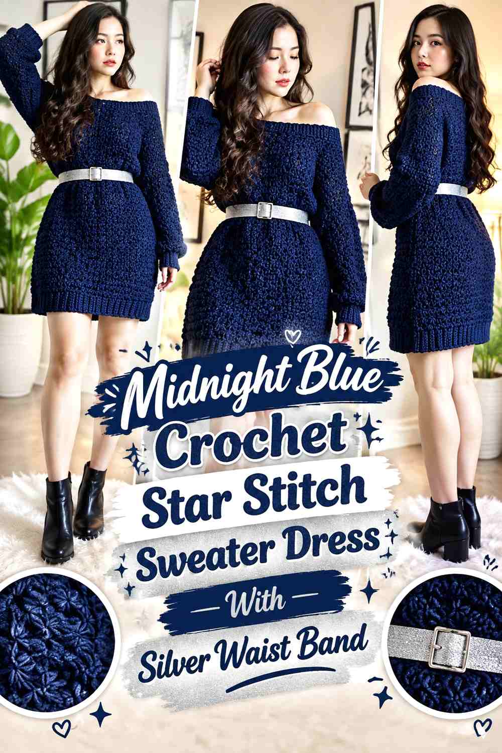 Midnight Blue Crochet Star Stitch Sweater Dress With Silver Waist Band