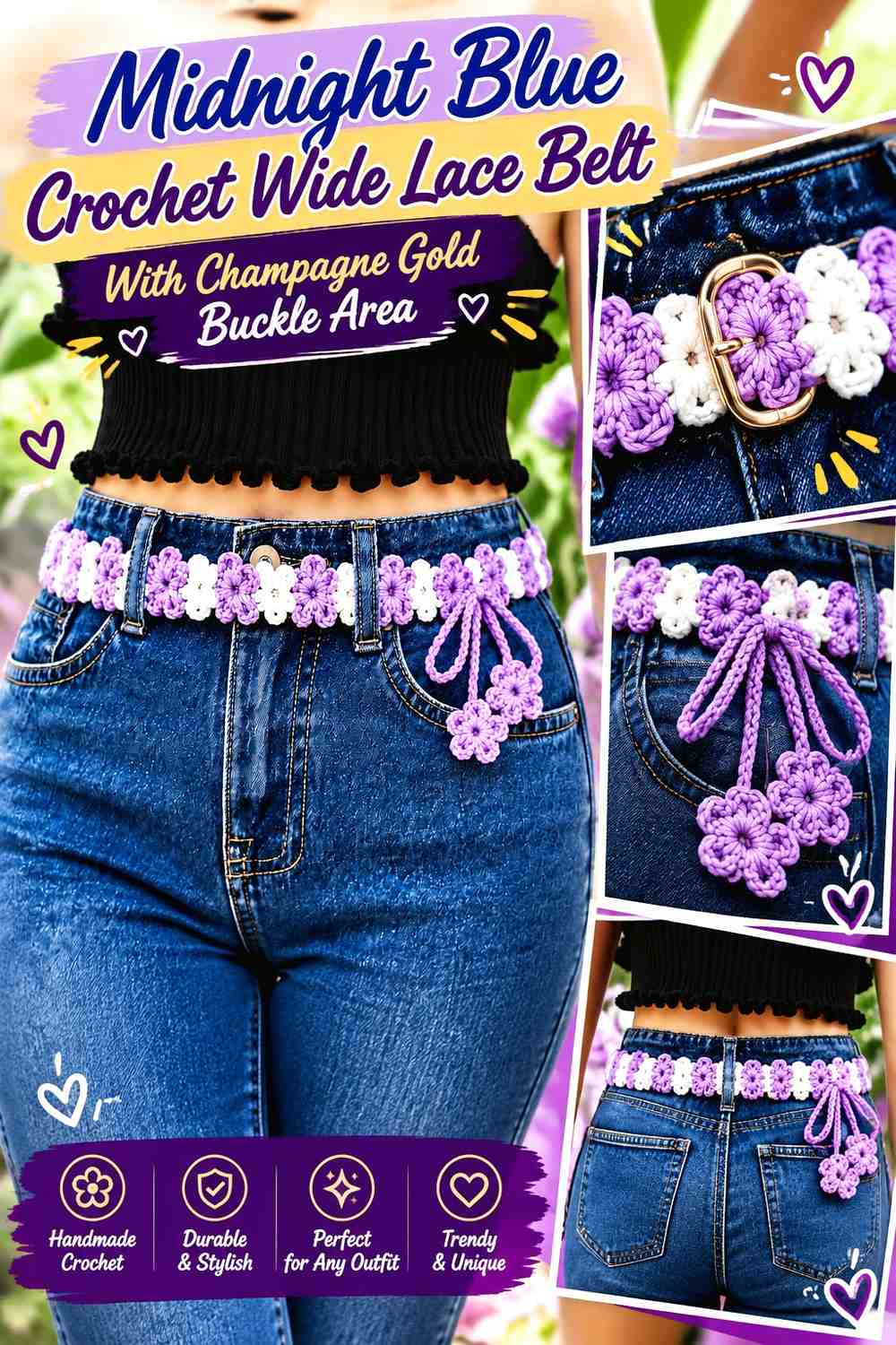 Midnight Blue Crochet Wide Lace Belt With Champagne Gold Buckle Area