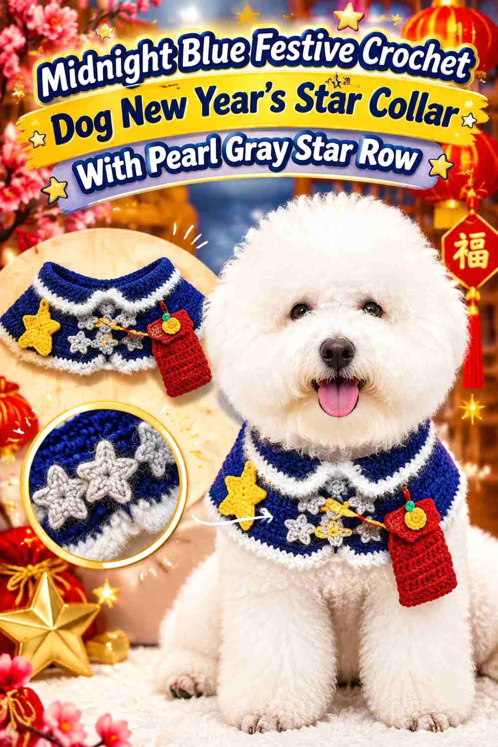 Midnight Blue Festive Crochet Dog New Year's Star Collar With Pearl Gray Star Row