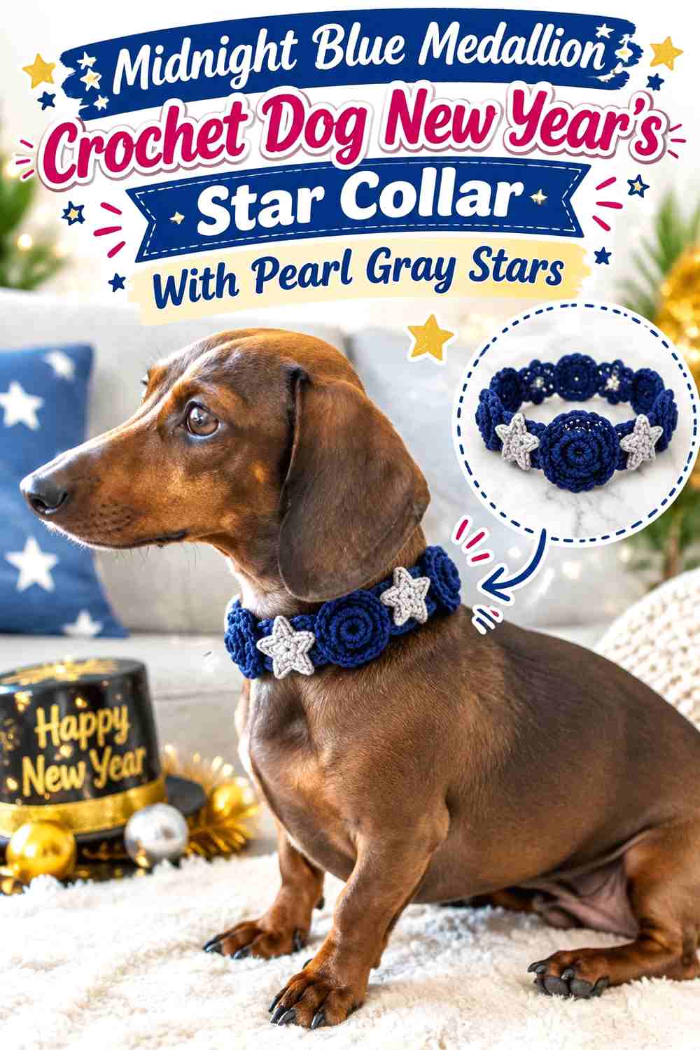 Midnight Blue Medallion Crochet Dog New Year's Star Collar With Pearl Gray Stars