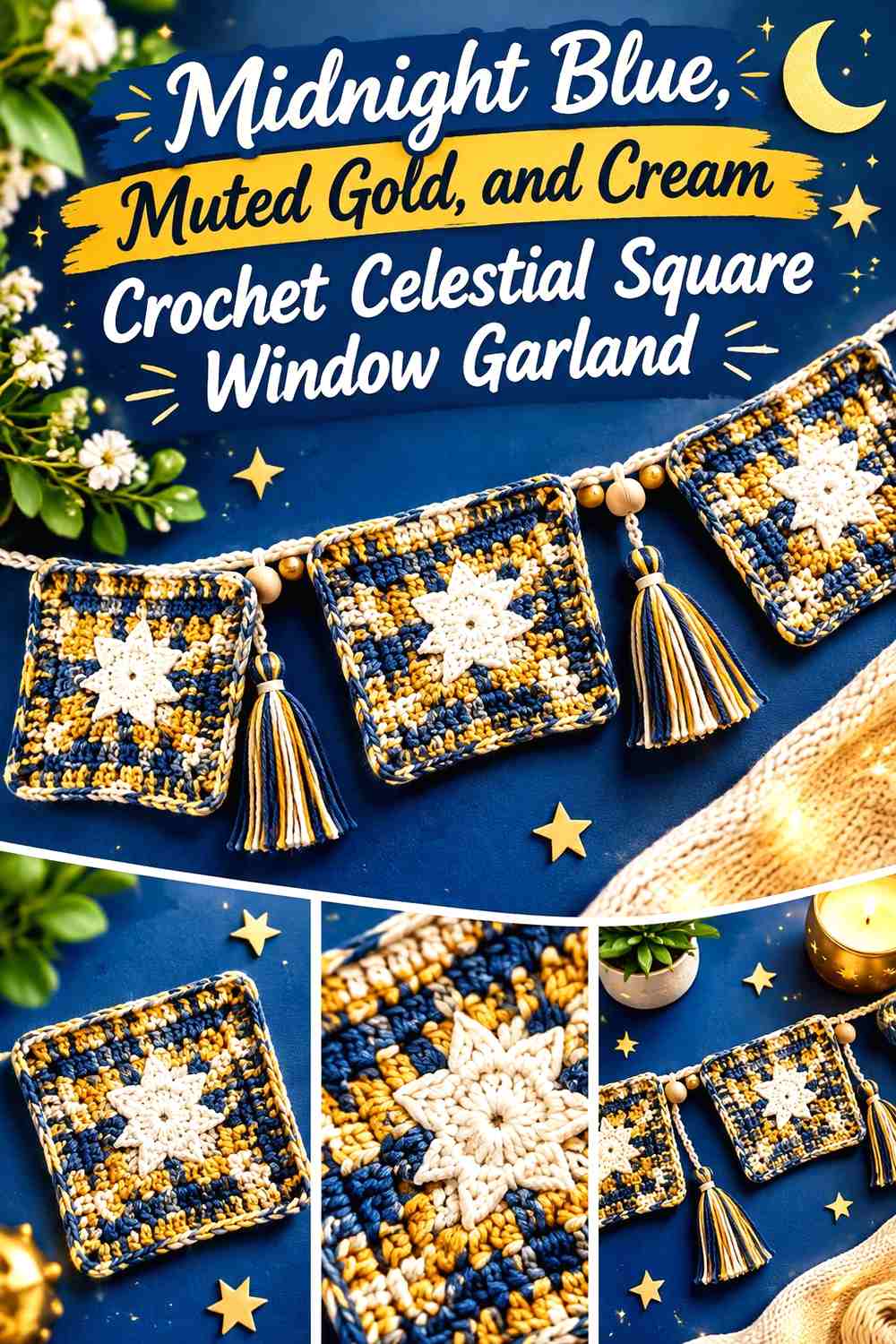 Midnight Blue, Muted Gold, and Cream Crochet Celestial Square Window Garland
