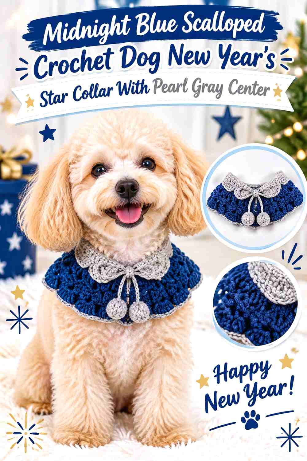 Midnight Blue Scalloped Crochet Dog New Year's Star Collar With Pearl Gray Center