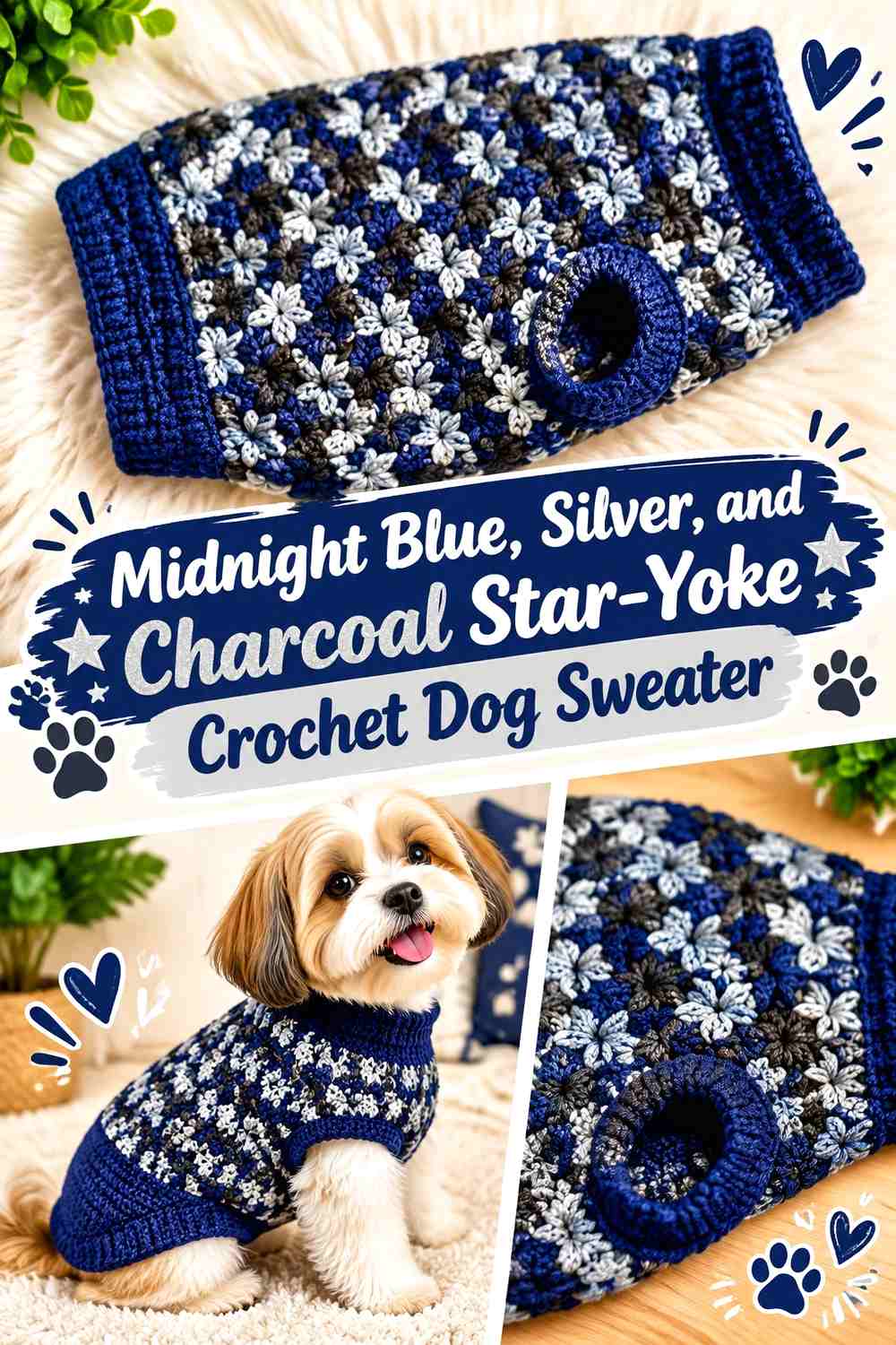Midnight Blue, Silver, and Charcoal Star-Yoke Crochet Dog Sweater
