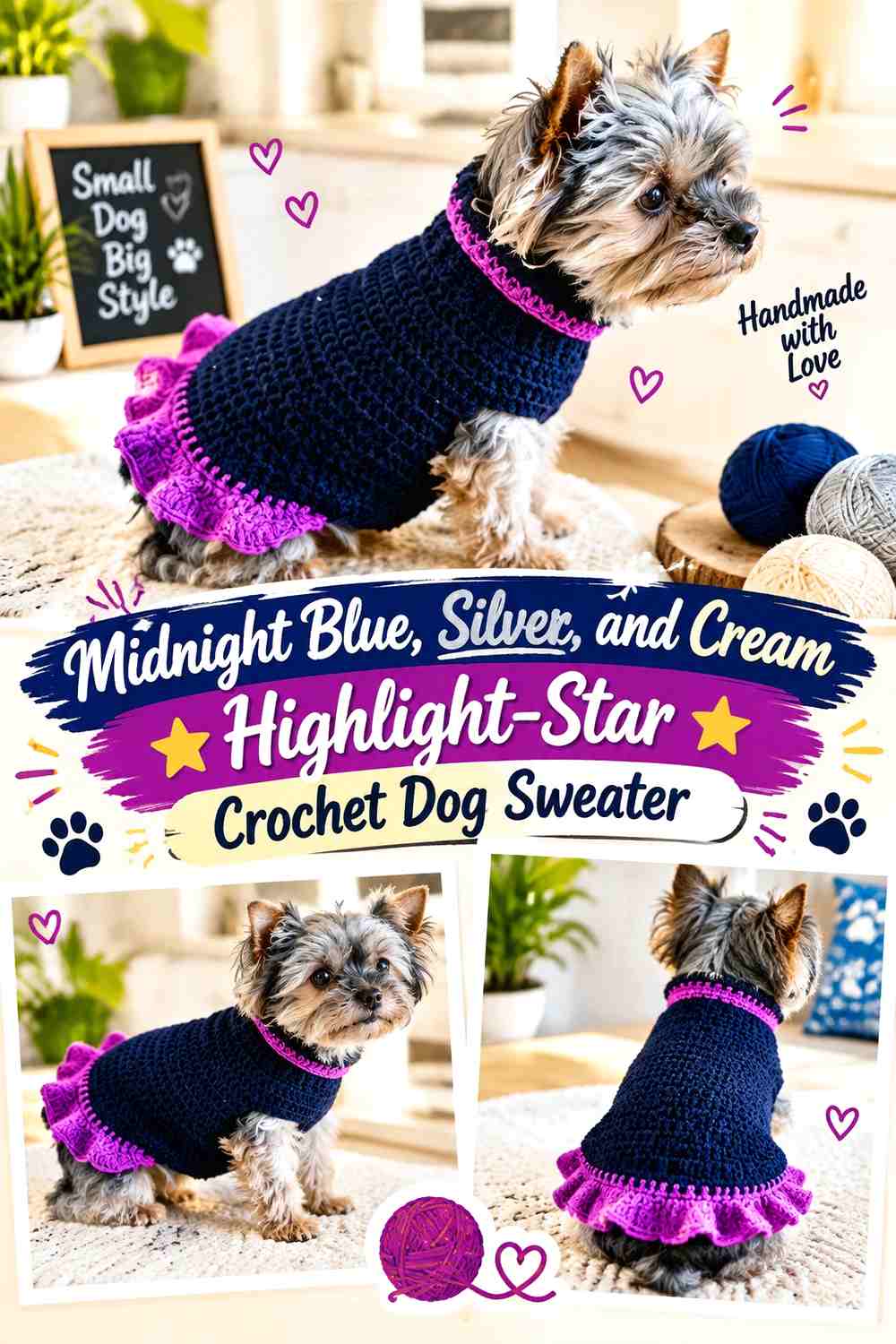 Midnight Blue, Silver, and Cream Highlight-Star Crochet Dog Sweater