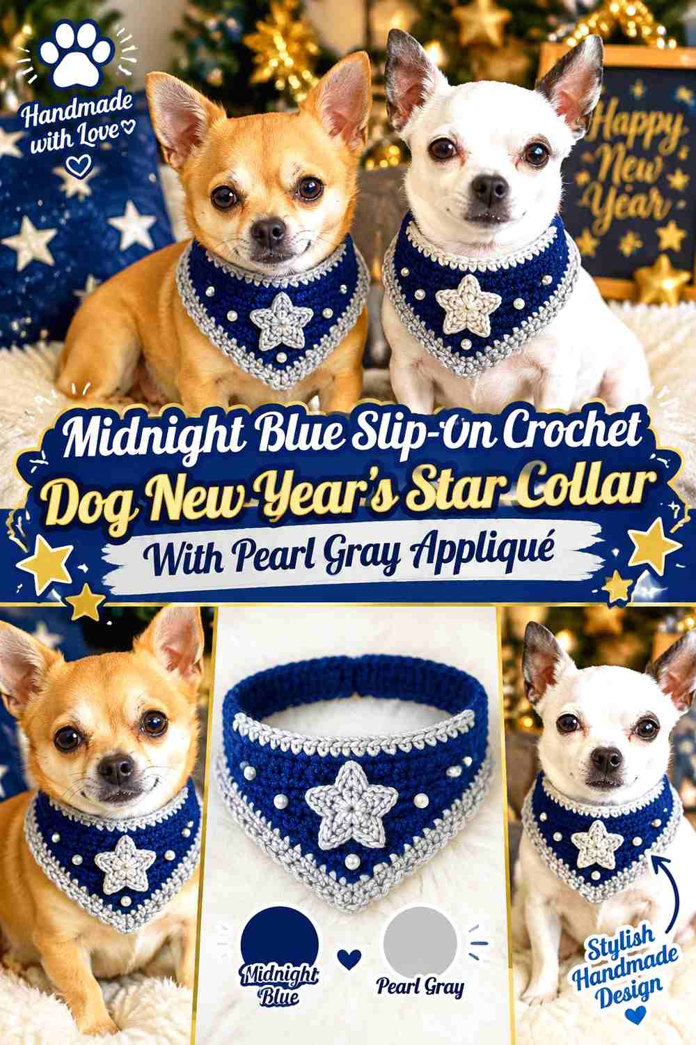 Midnight Blue Slip-On Crochet Dog New Year's Star Collar With Pearl Gray Appliqué