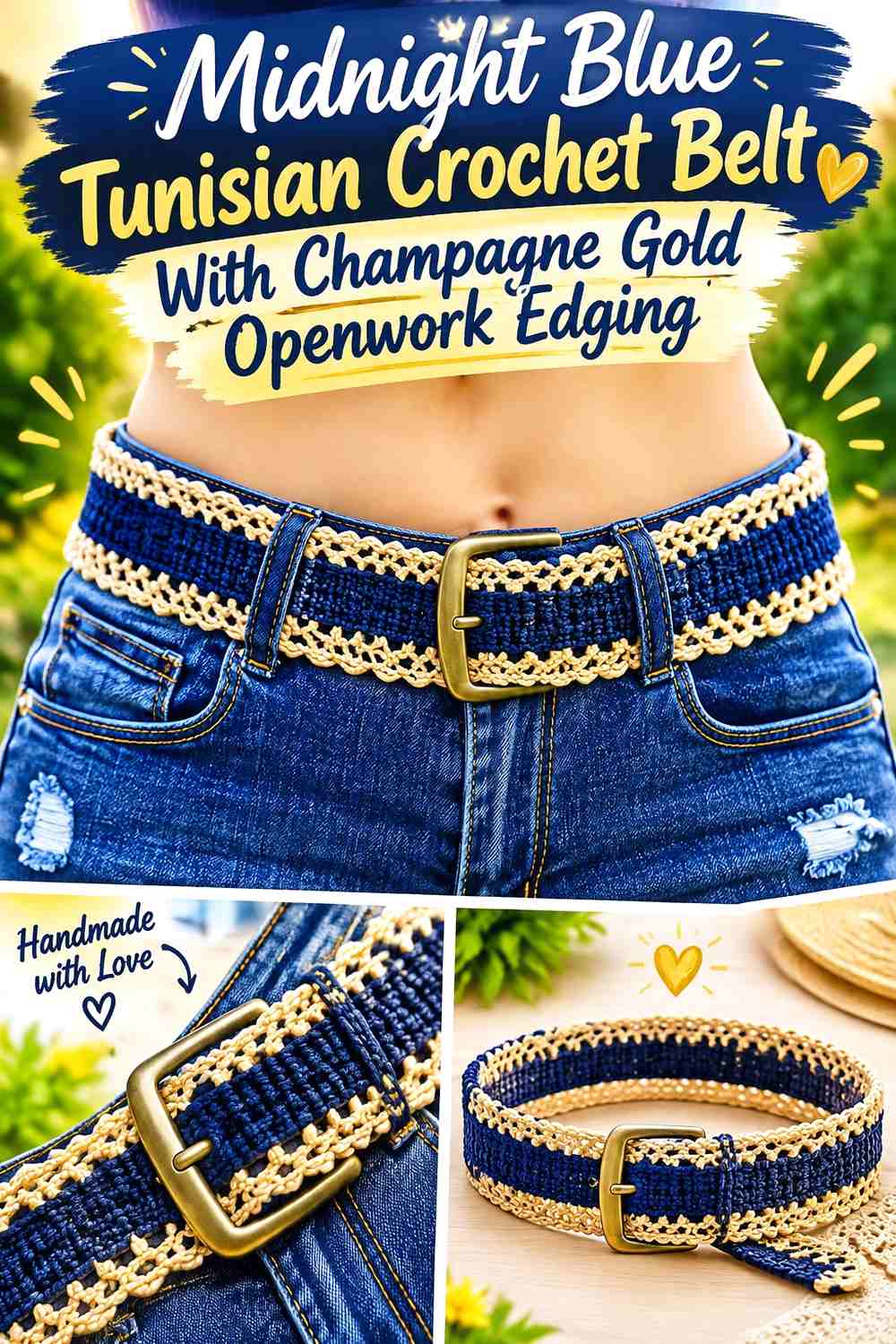 Midnight Blue Tunisian Crochet Belt With Champagne Gold Openwork Edging