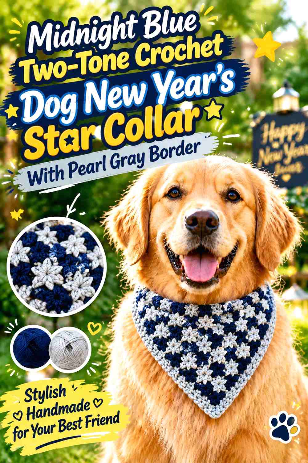 Midnight Blue Two-Tone Crochet Dog New Year's Star Collar With Pearl Gray Border