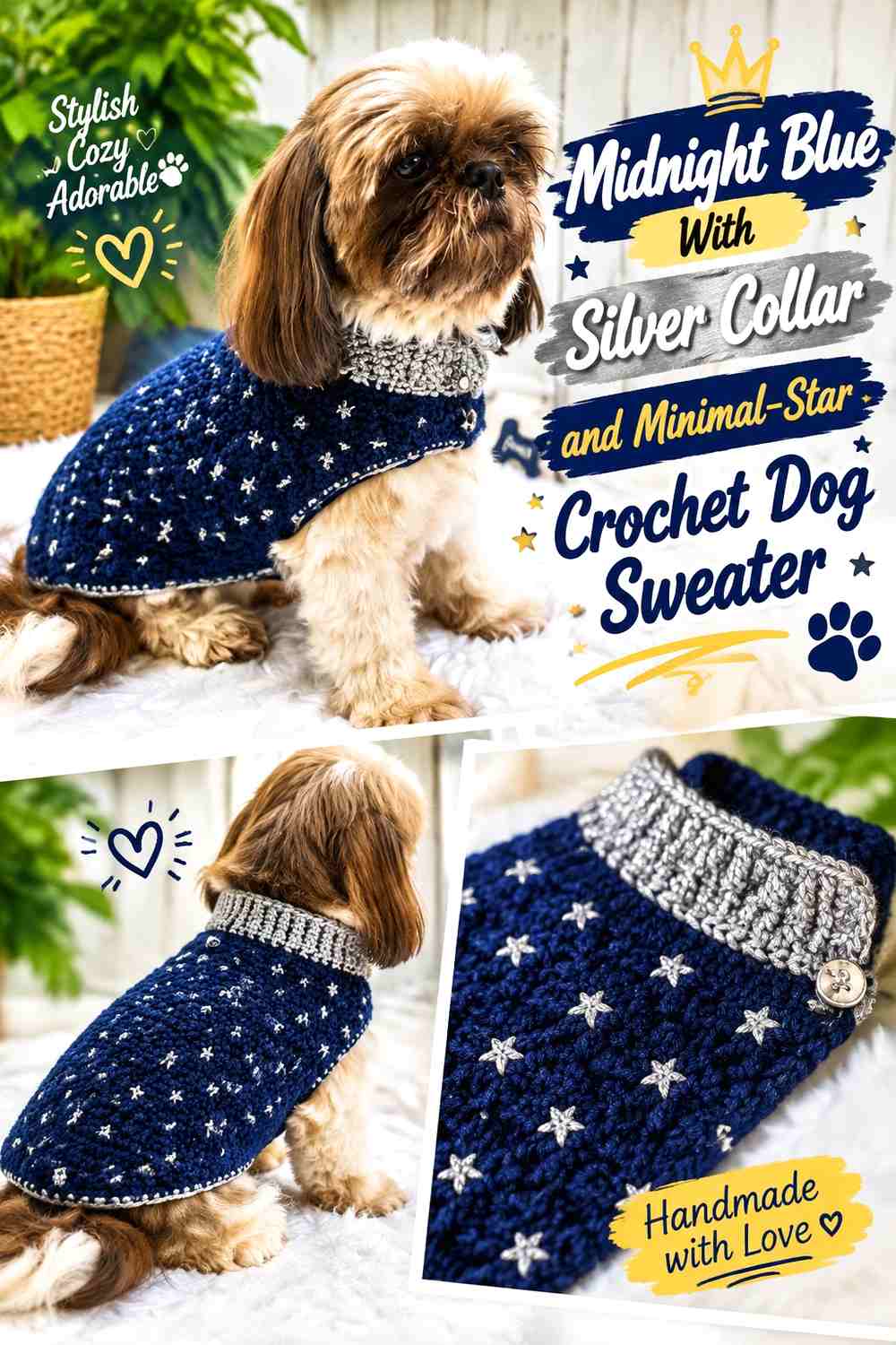 Midnight Blue With Silver Collar and Minimal-Star Crochet Dog Sweater