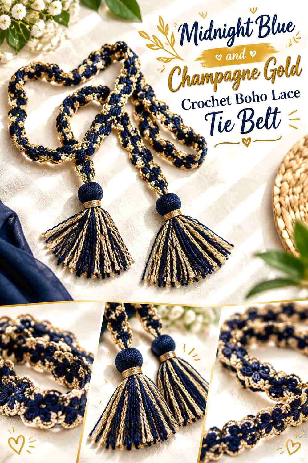 Midnight Blue and Champagne Gold Crochet Boho Lace Tie Belt