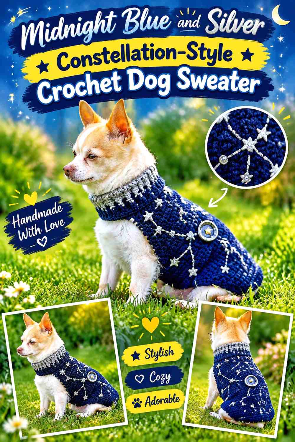 Midnight Blue and Silver Constellation-Style Crochet Dog Sweater