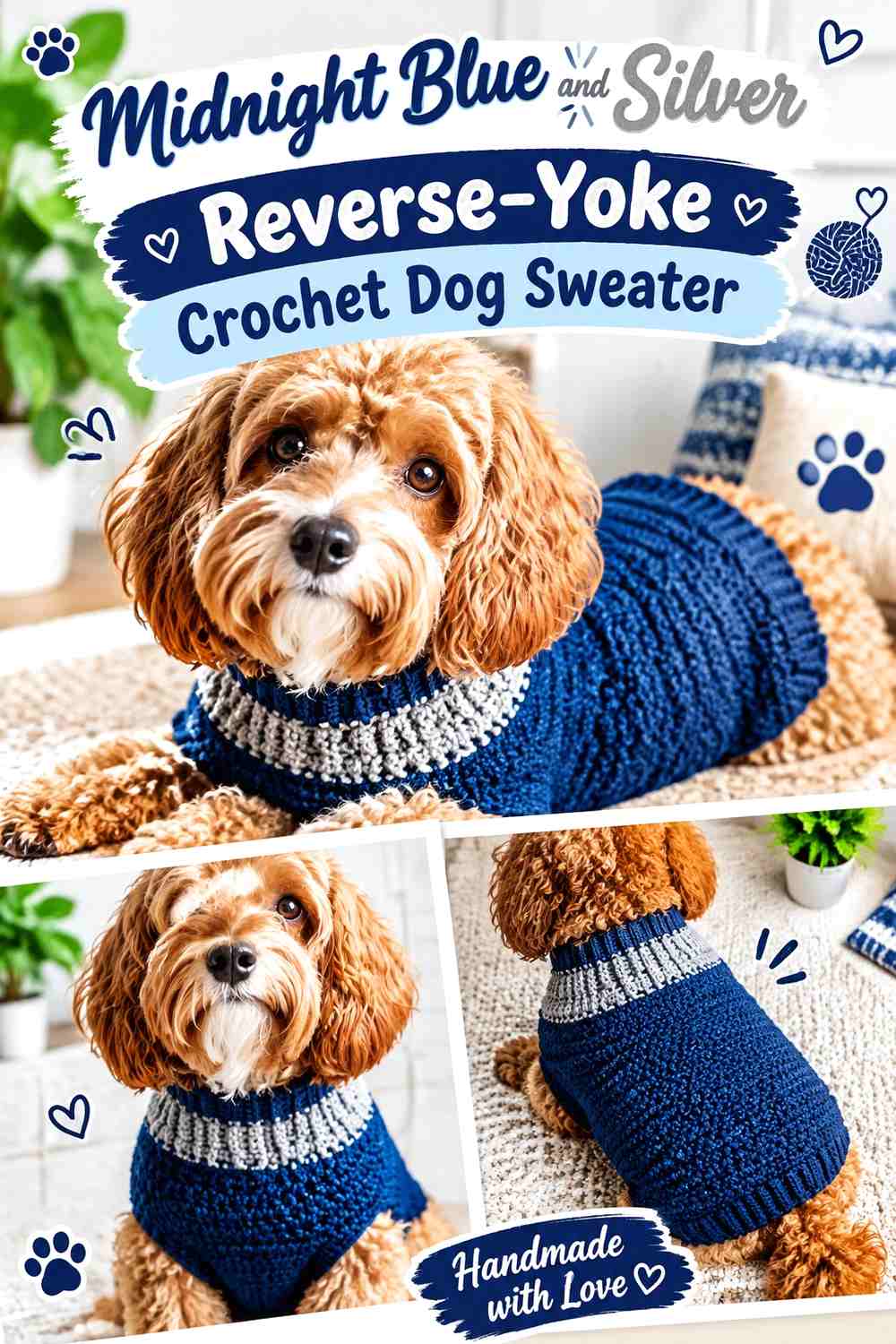 Midnight Blue and Silver Reverse-Yoke Crochet Dog Sweater