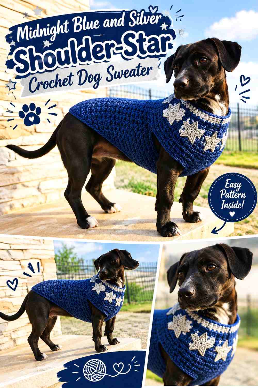 Midnight Blue and Silver Shoulder-Star Crochet Dog Sweater