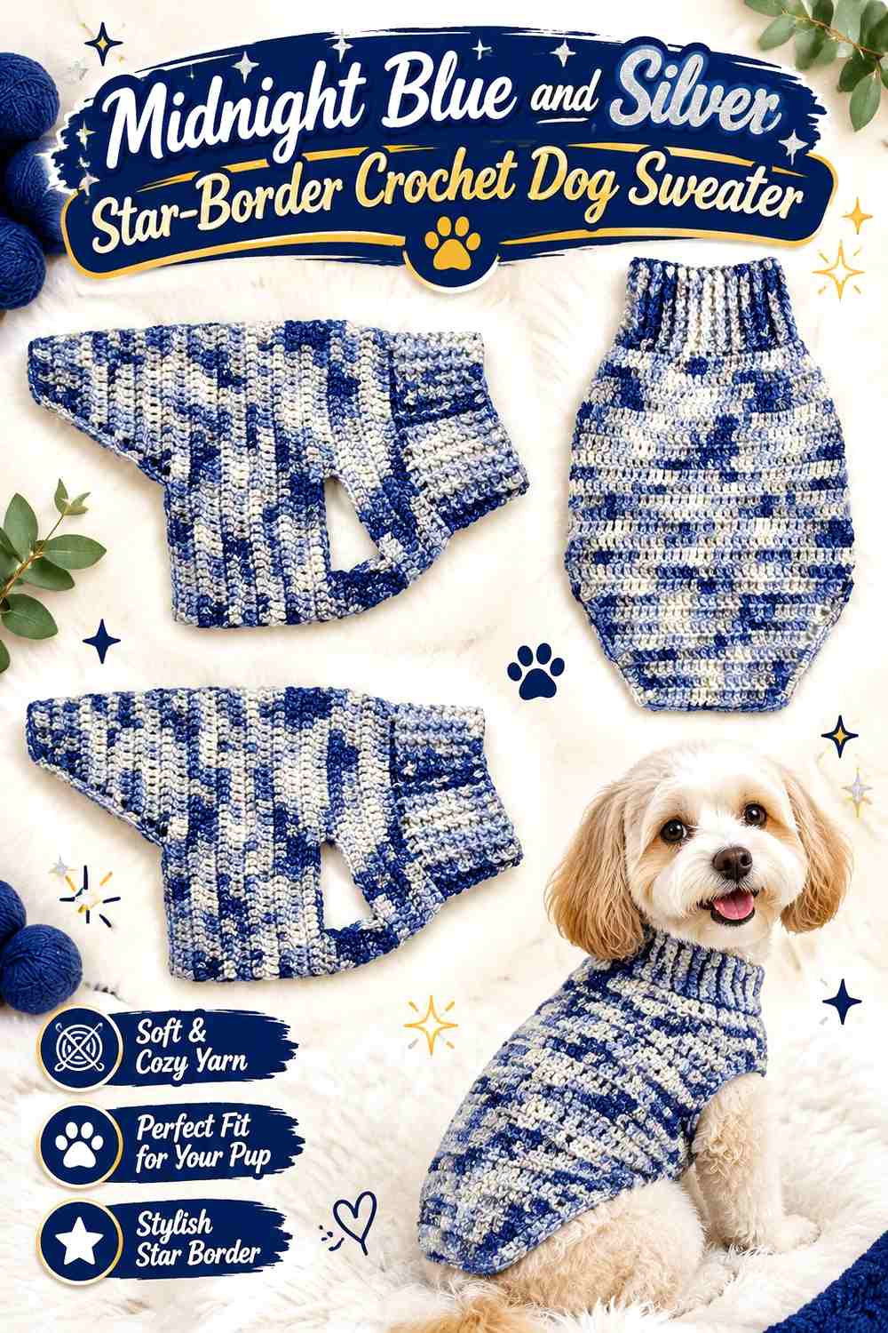 Midnight Blue and Silver Star-Border Crochet Dog Sweater