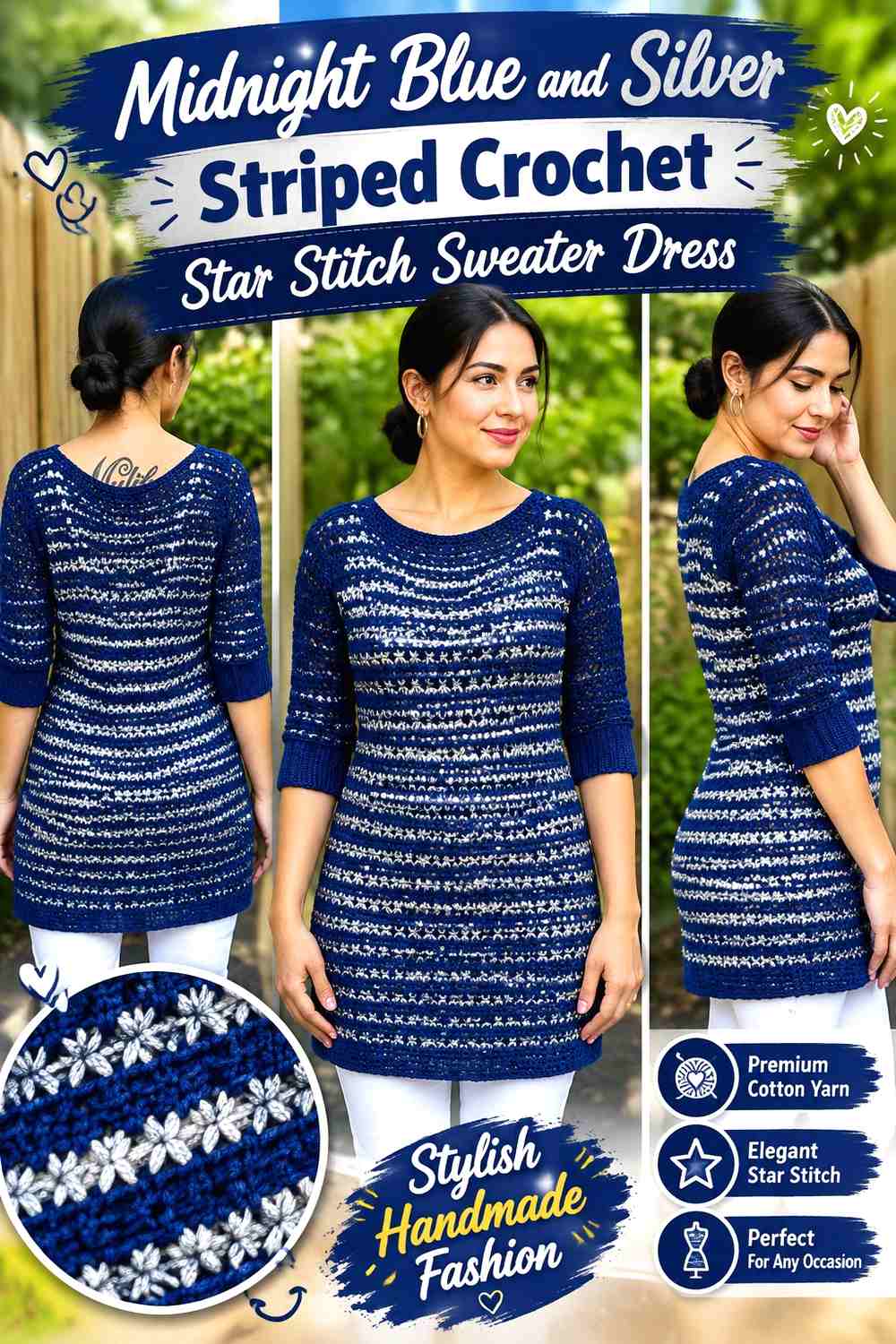 Midnight Blue and Silver Striped Crochet Star Stitch Sweater Dress