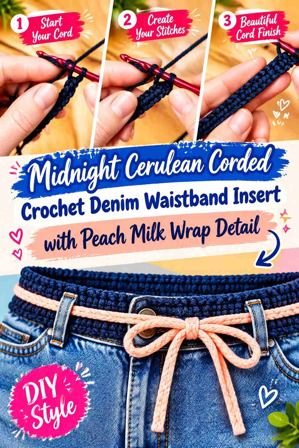 Midnight Cerulean Corded Crochet Denim Waistband Insert with Peach Milk Wrap Detail