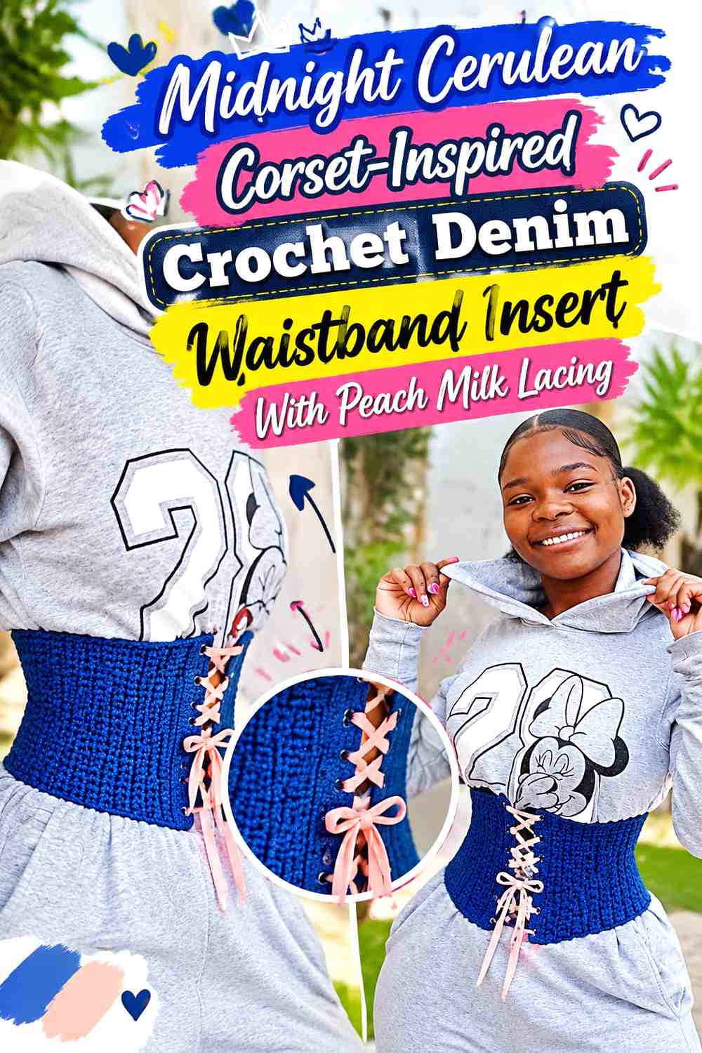 Midnight Cerulean Corset-Inspired Crochet Denim Waistband Insert With Peach Milk Lacing