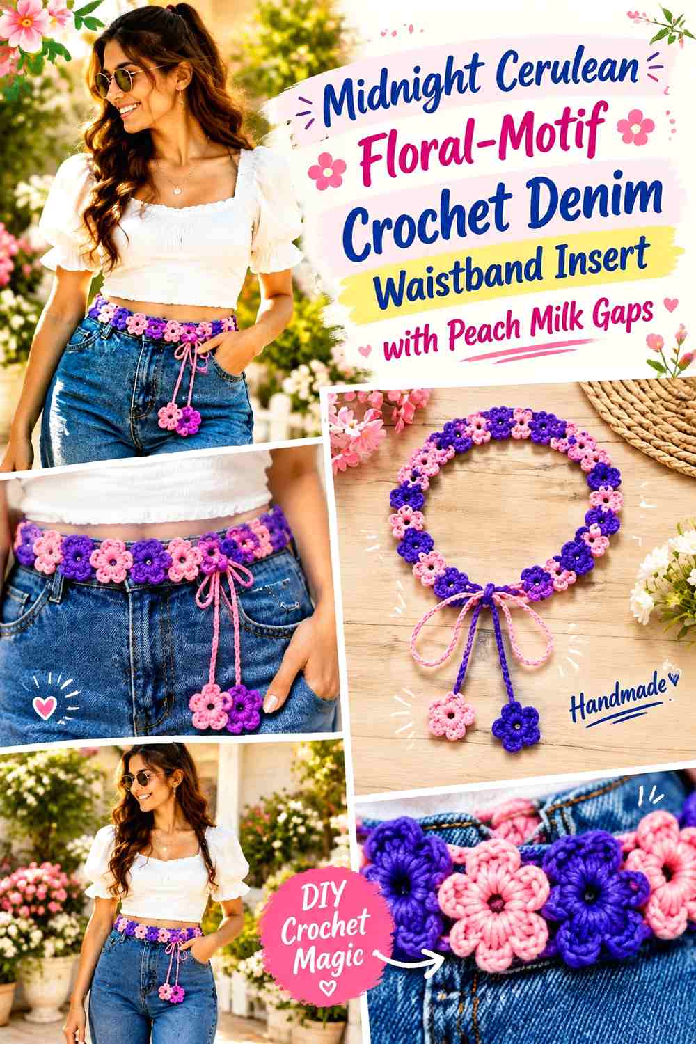 Midnight Cerulean Floral-Motif Crochet Denim Waistband Insert with Peach Milk Gaps