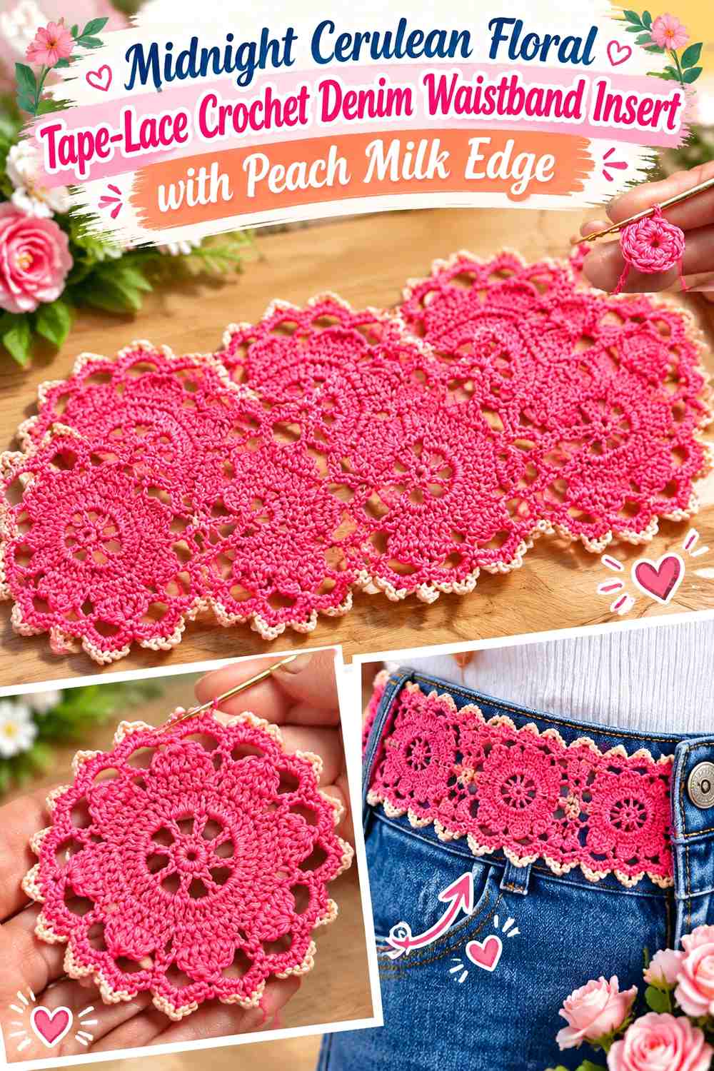 Midnight Cerulean Floral Tape-Lace Crochet Denim Waistband Insert with Peach Milk Edge