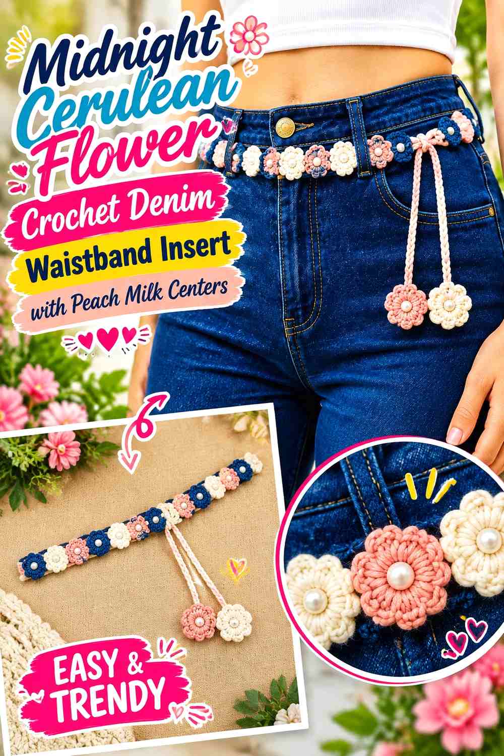 Midnight Cerulean Flower Crochet Denim Waistband Insert with Peach Milk Centers