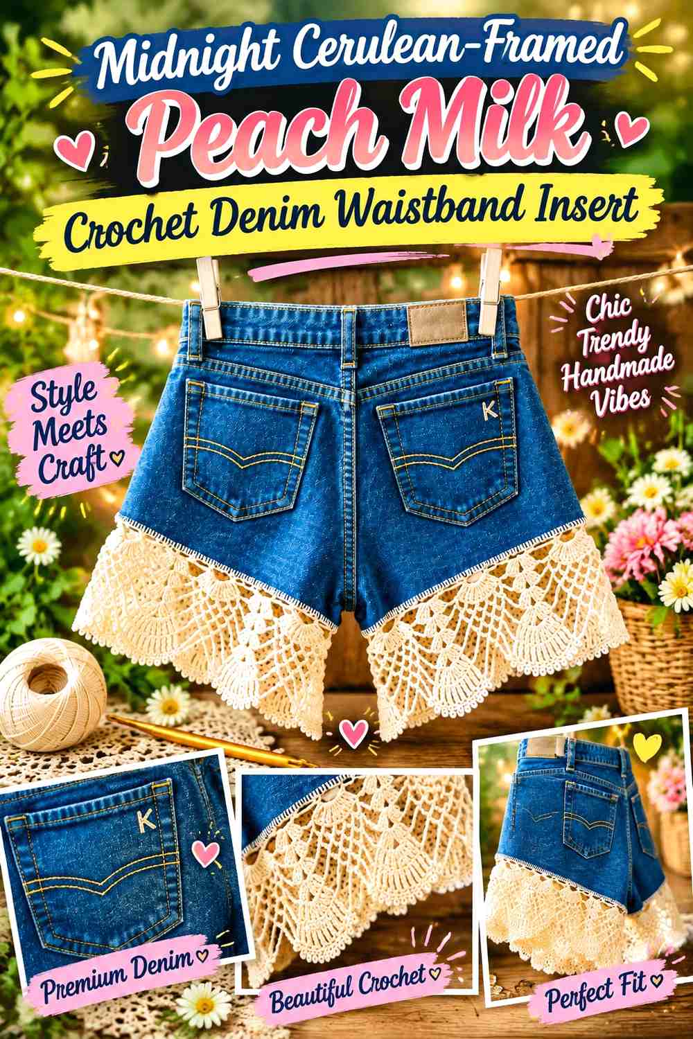 Midnight Cerulean-Framed Peach Milk Crochet Denim Waistband Insert