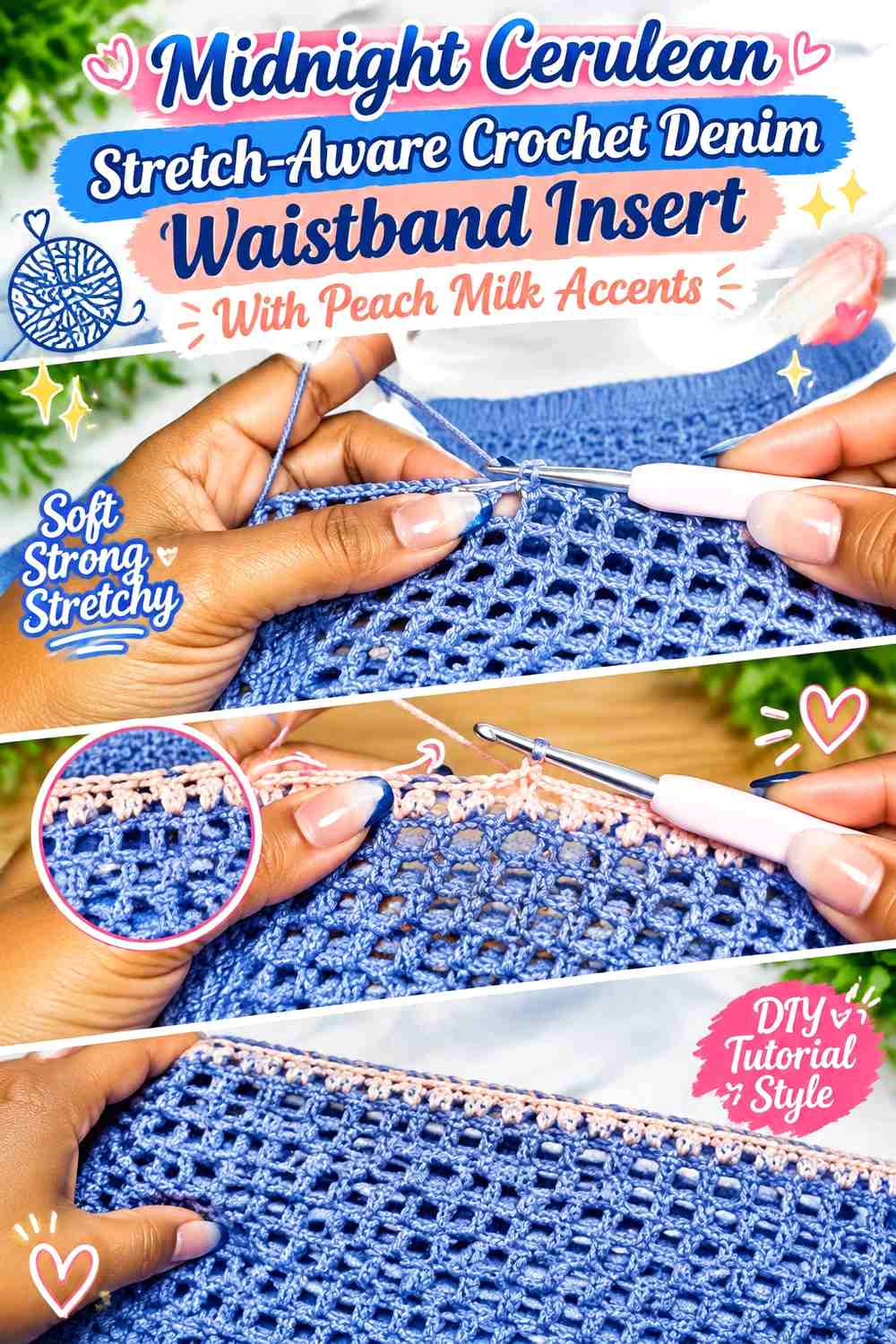 Midnight Cerulean Stretch-Aware Crochet Denim Waistband Insert With Peach Milk Accents