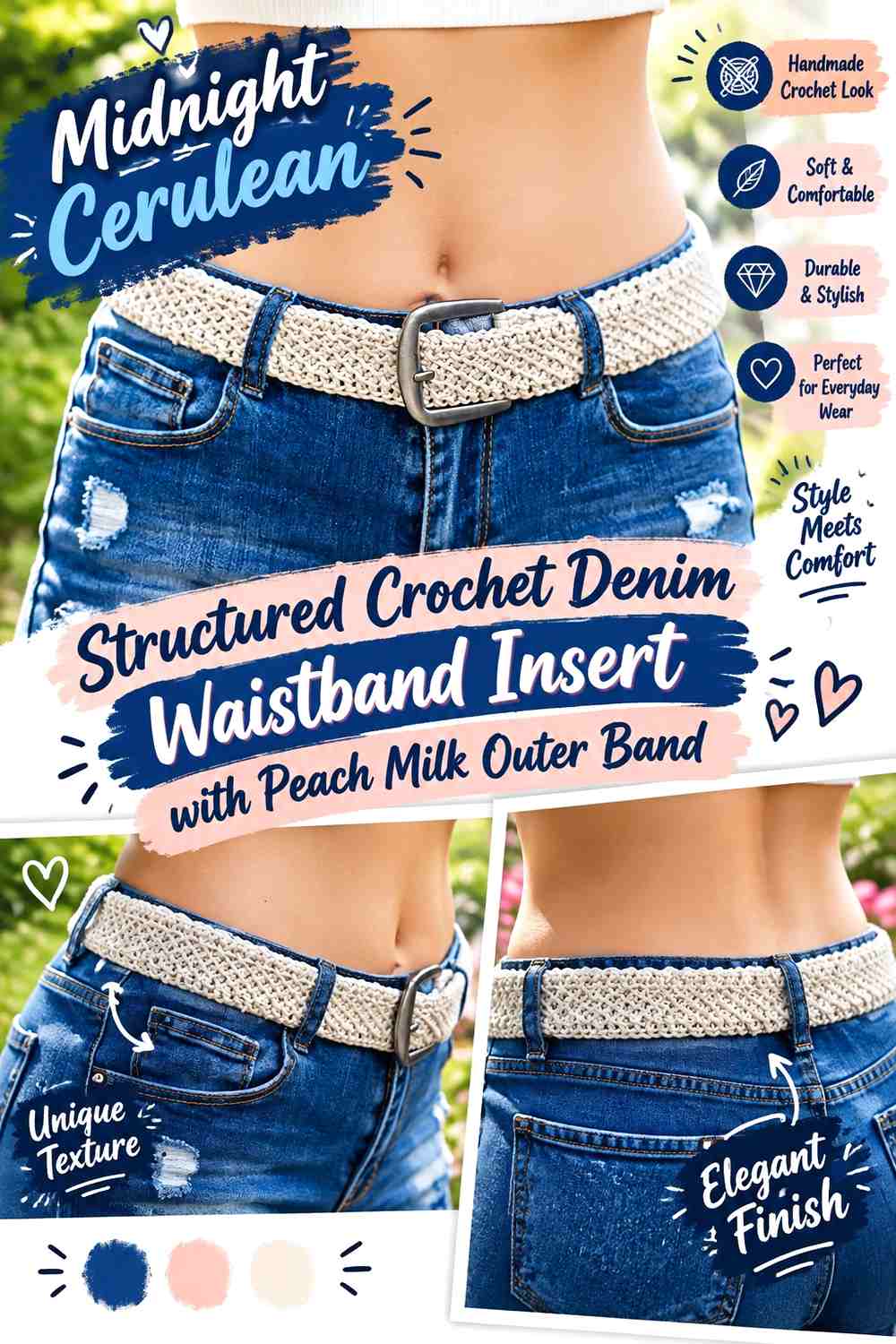 Midnight Cerulean Structured Crochet Denim Waistband Insert with Peach Milk Outer Band