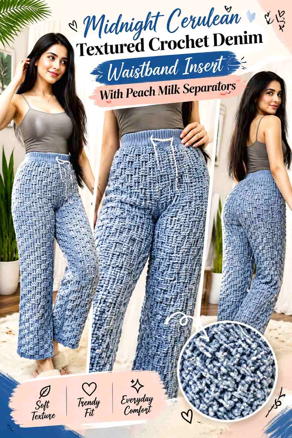 Midnight Cerulean Textured Crochet Denim Waistband Insert With Peach Milk Separators