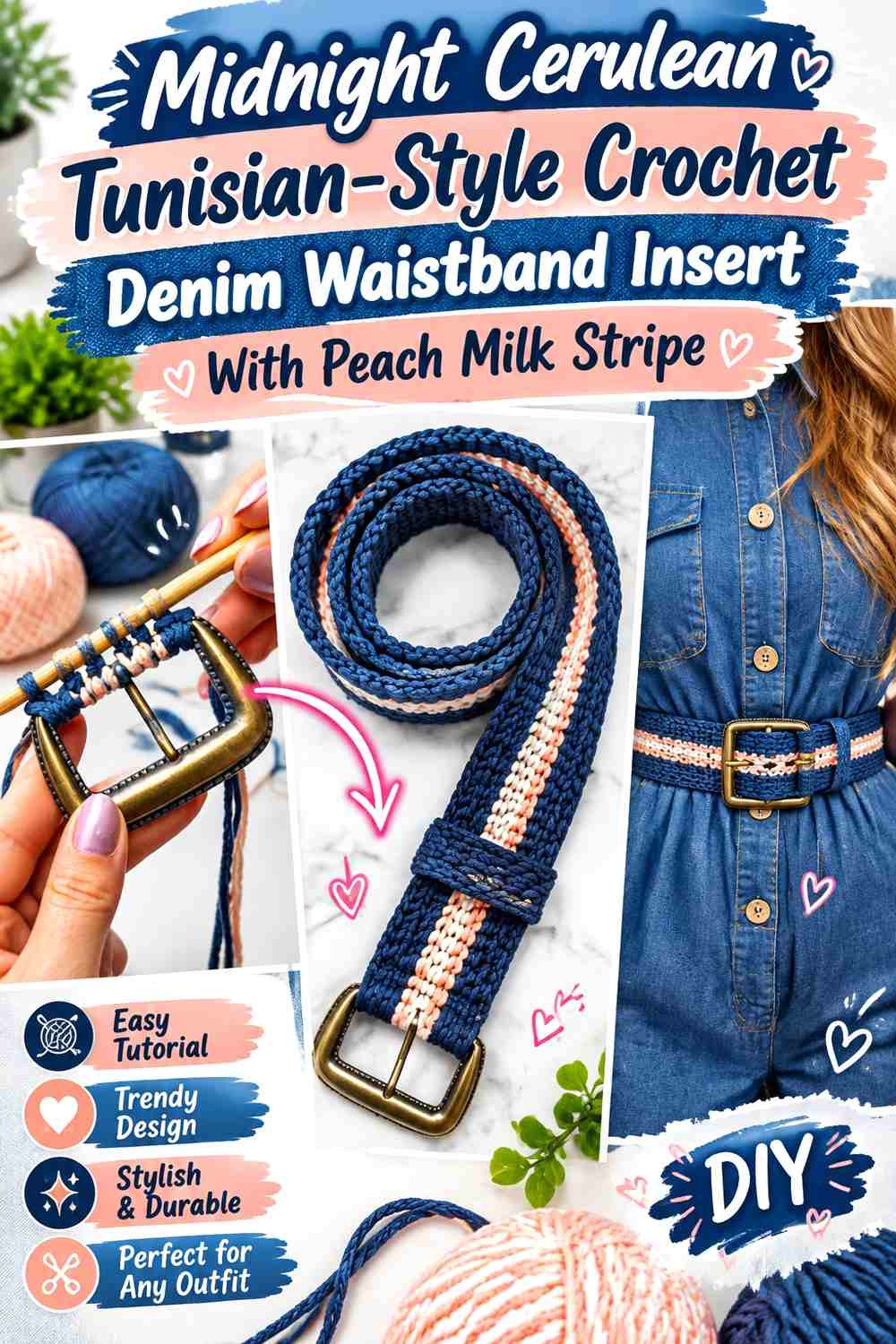 Midnight Cerulean Tunisian-Style Crochet Denim Waistband Insert With Peach Milk Stripe