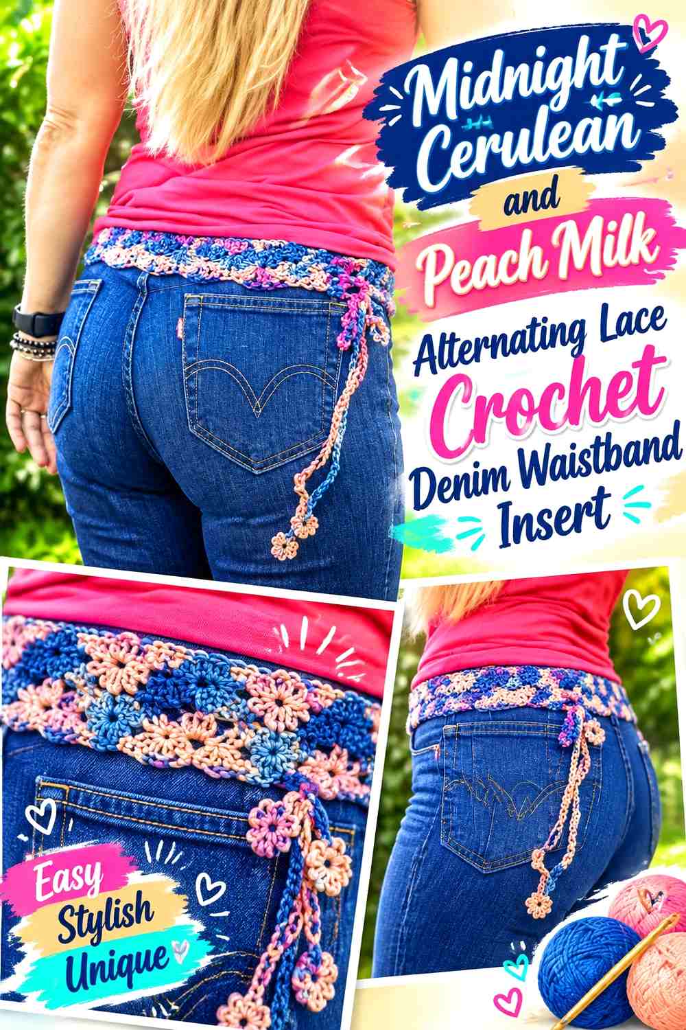 Midnight Cerulean and Peach Milk Alternating Lace Crochet Denim Waistband Insert