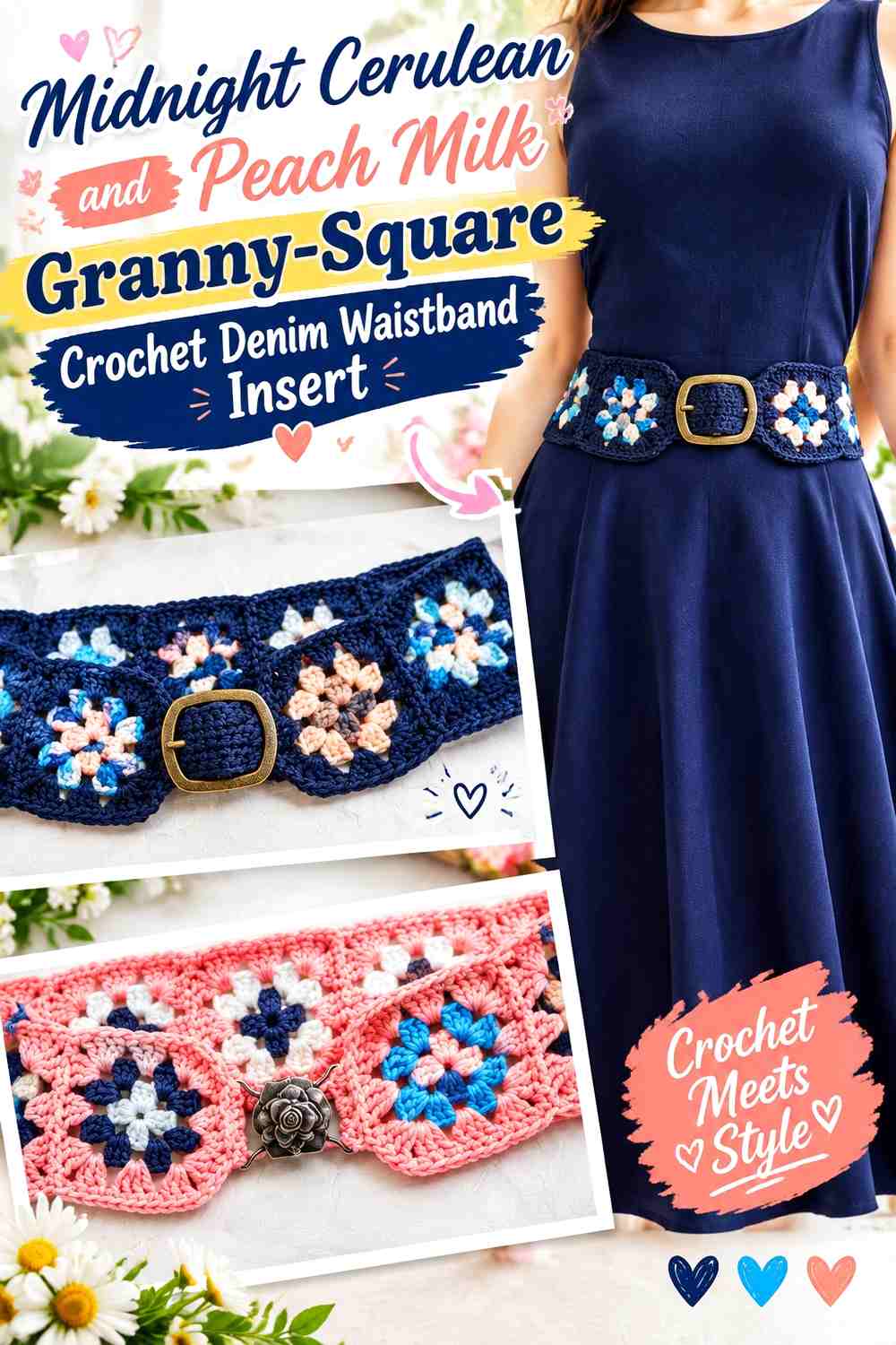 Midnight Cerulean and Peach Milk Granny-Square Crochet Denim Waistband Insert