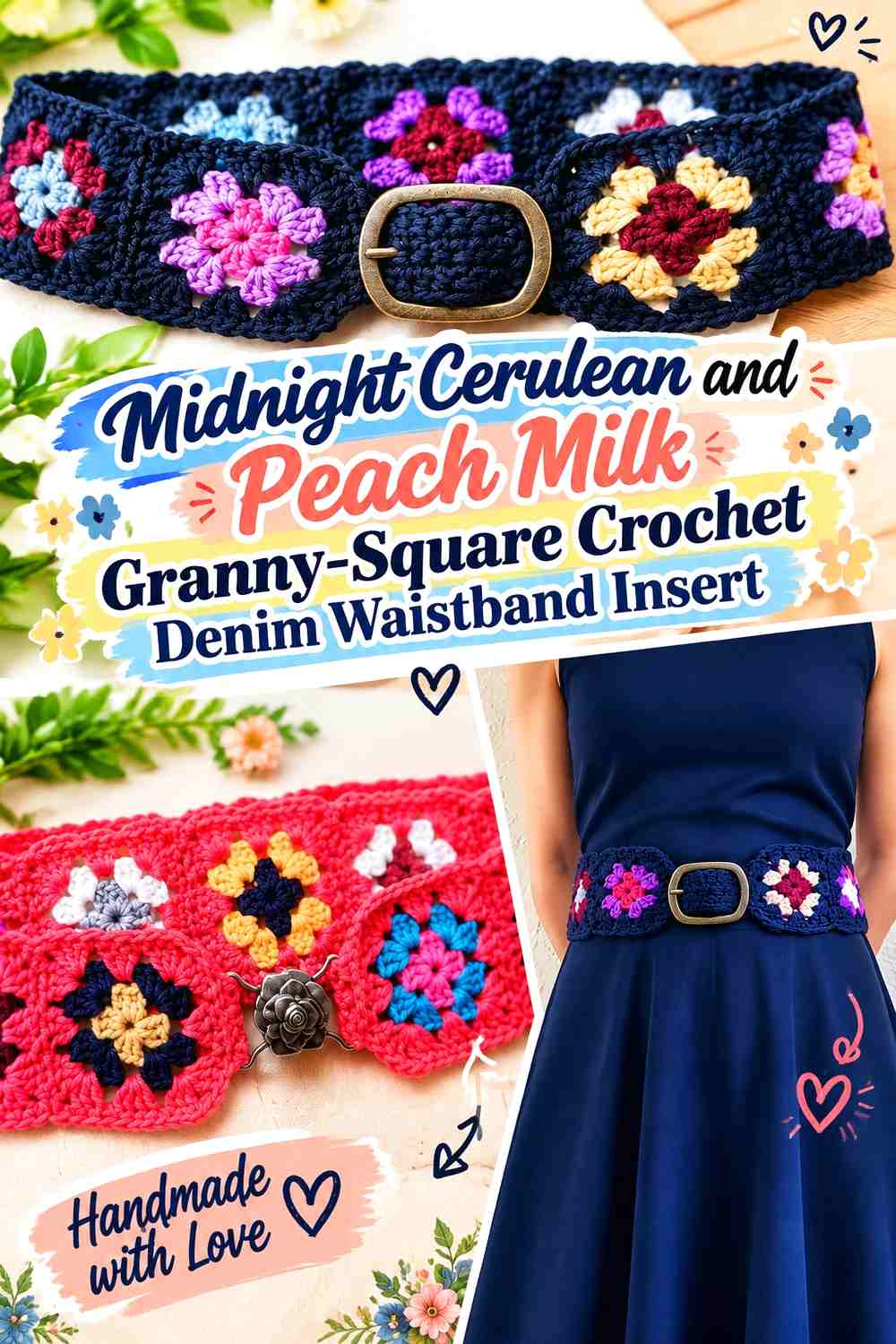 Midnight Cerulean and Peach Milk Granny-Square Crochet Denim Waistband Insert