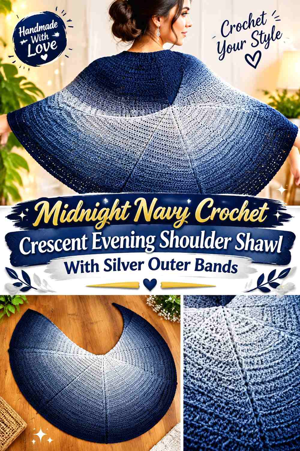 Midnight Navy Crochet Crescent Evening Shoulder Shawl With Silver Outer Bands