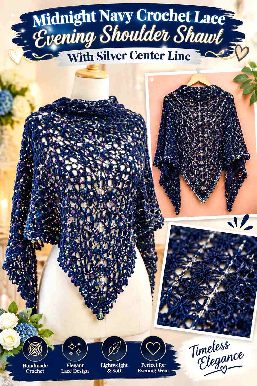 Midnight Navy Crochet Lace Evening Shoulder Shawl With Silver Center Line
