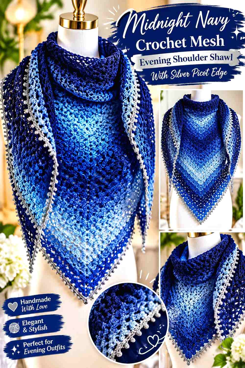 Midnight Navy Crochet Mesh Evening Shoulder Shawl With Silver Picot Edge