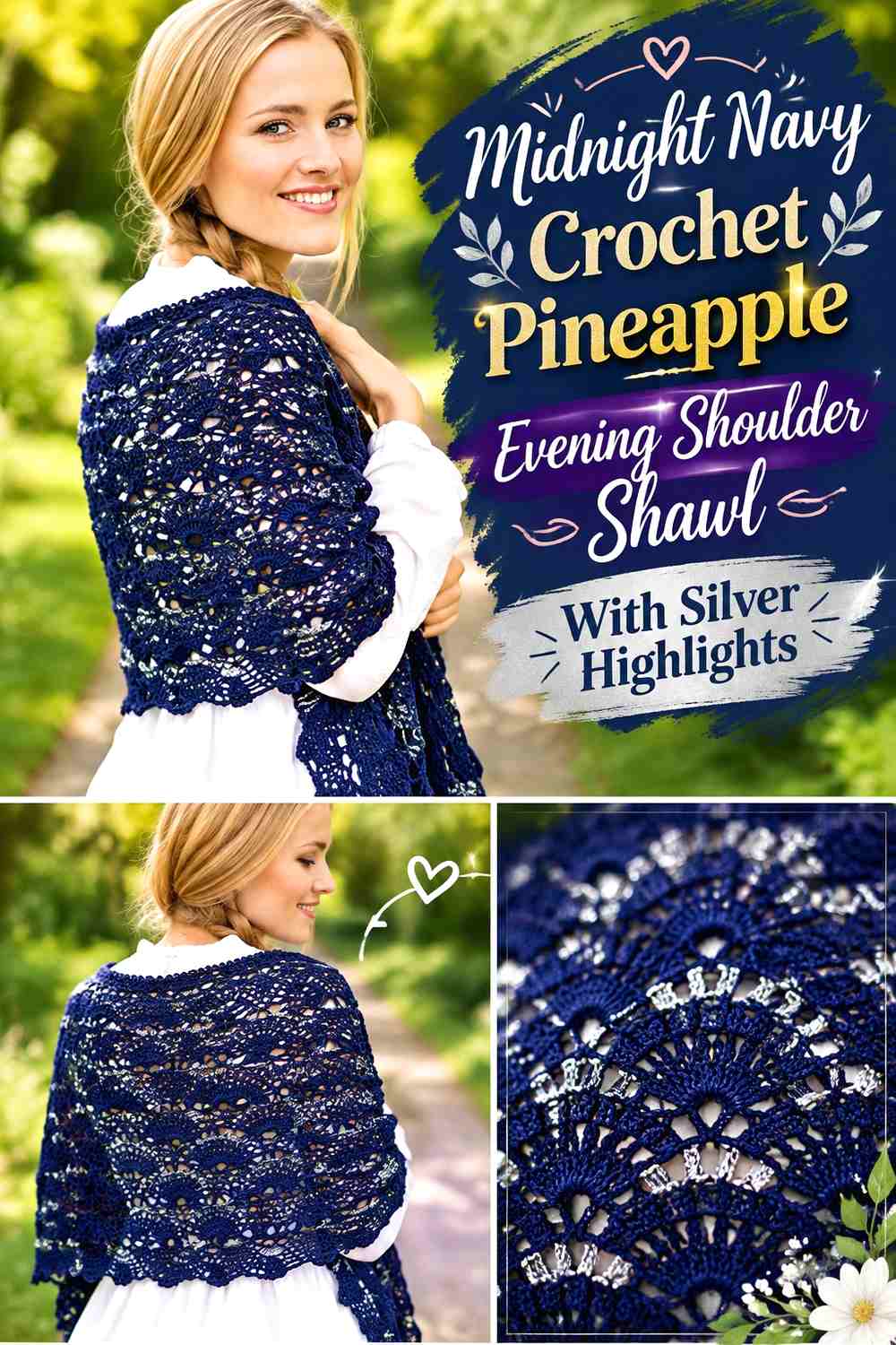 Midnight Navy Crochet Pineapple Evening Shoulder Shawl With Silver Highlights