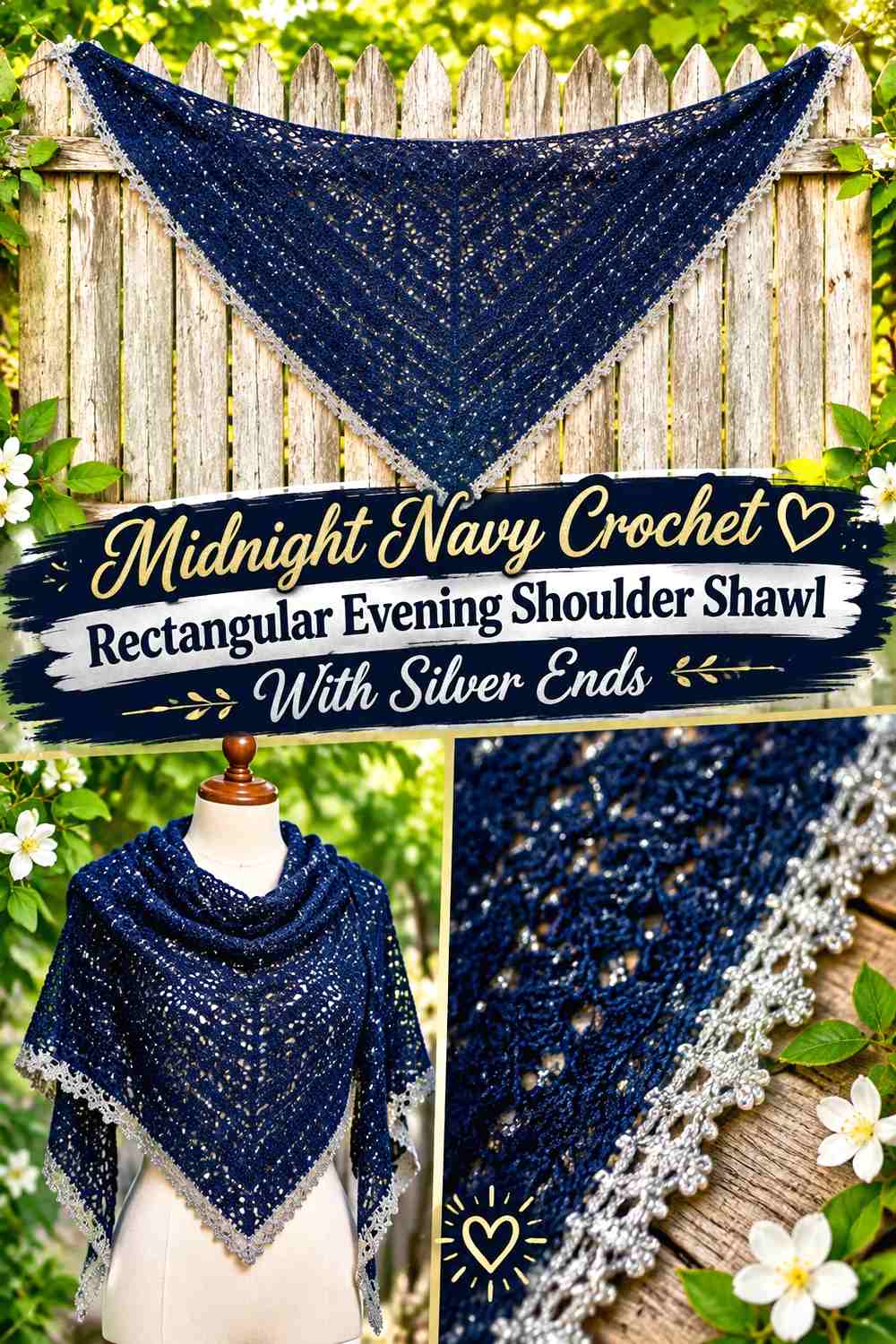 Midnight Navy Crochet Rectangular Evening Shoulder Shawl With Silver Ends