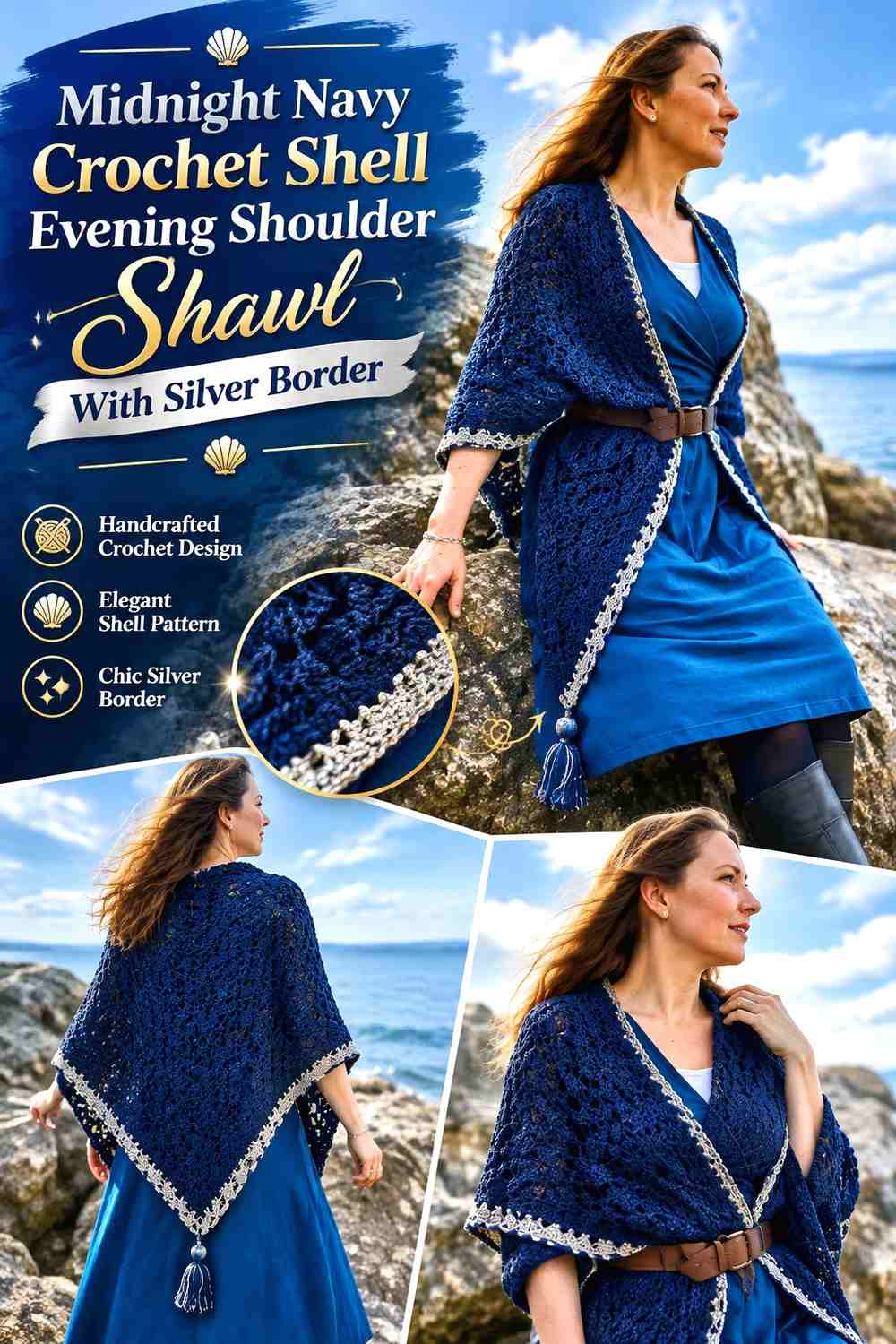 Midnight Navy Crochet Shell Evening Shoulder Shawl With Silver Border