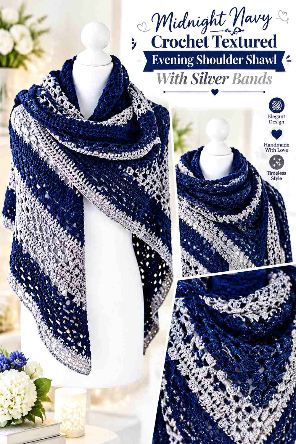 Midnight Navy Crochet Textured Evening Shoulder Shawl With Silver Bands