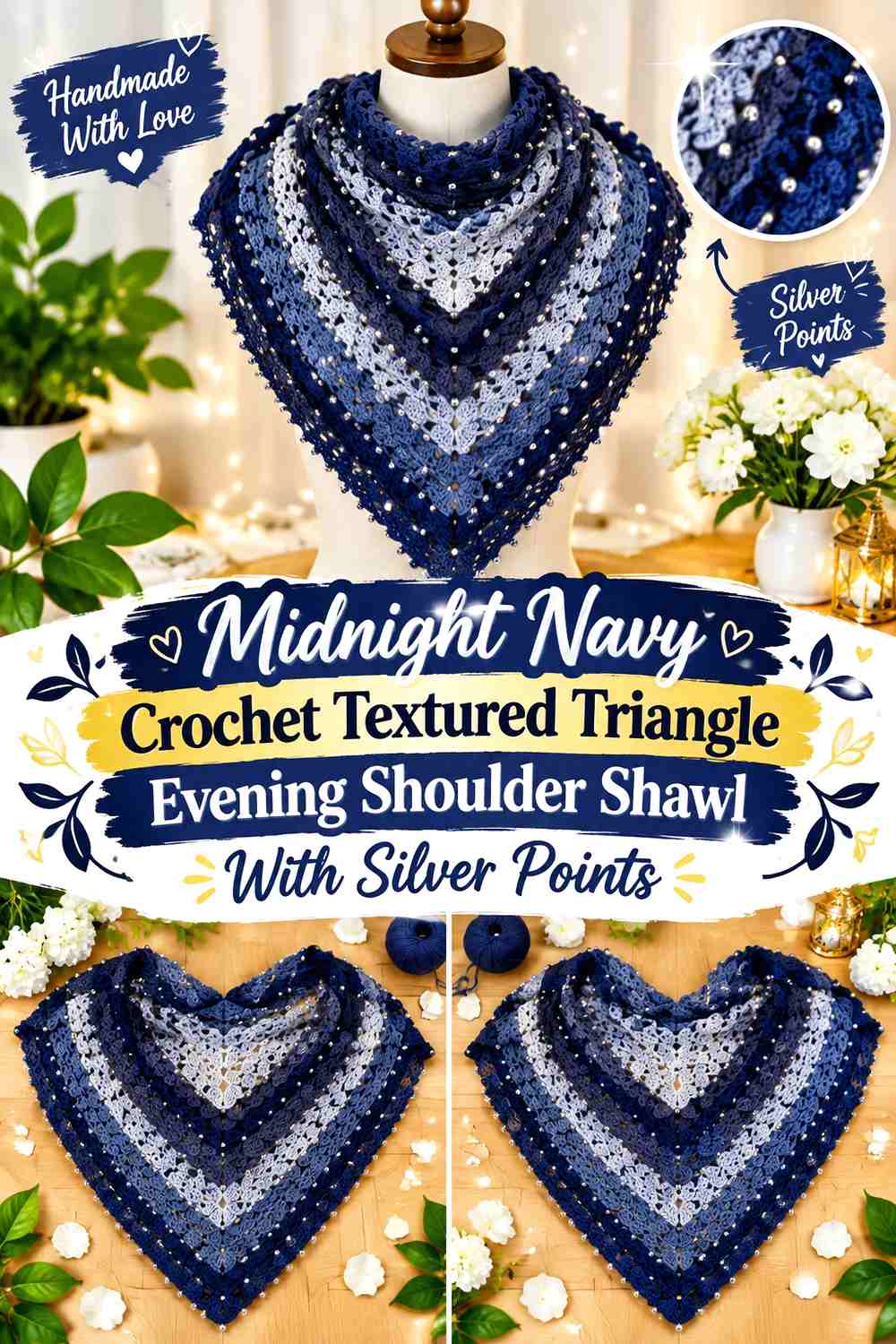 Midnight Navy Crochet Textured Triangle Evening Shoulder Shawl With Silver Points