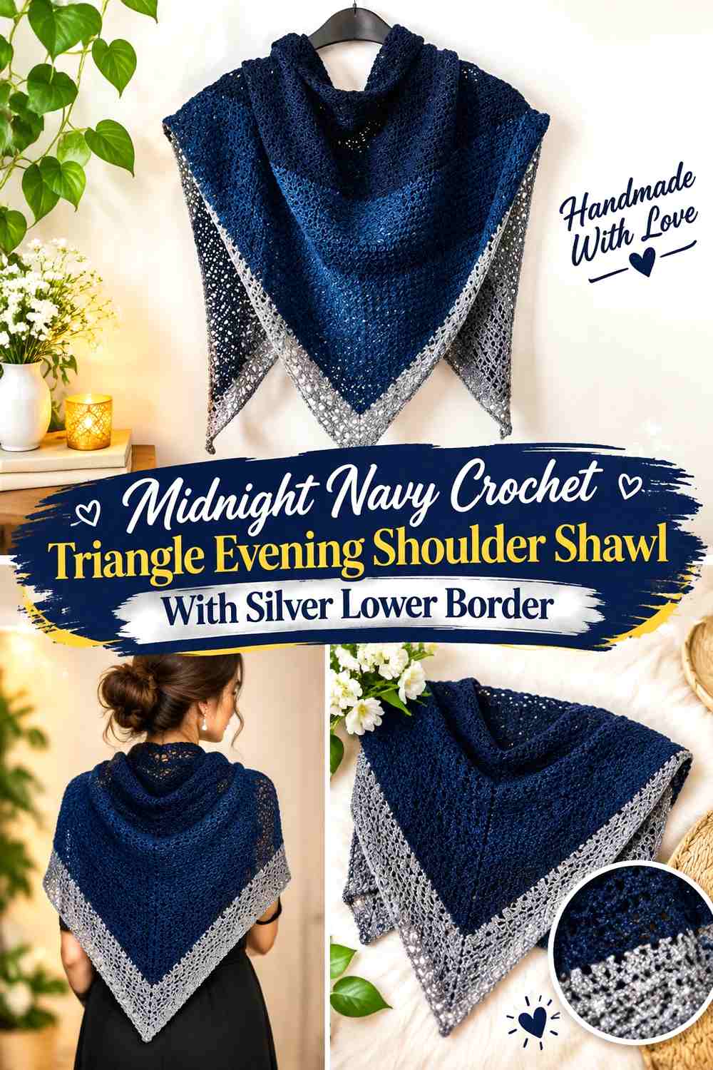 Midnight Navy Crochet Triangle Evening Shoulder Shawl With Silver Lower Border